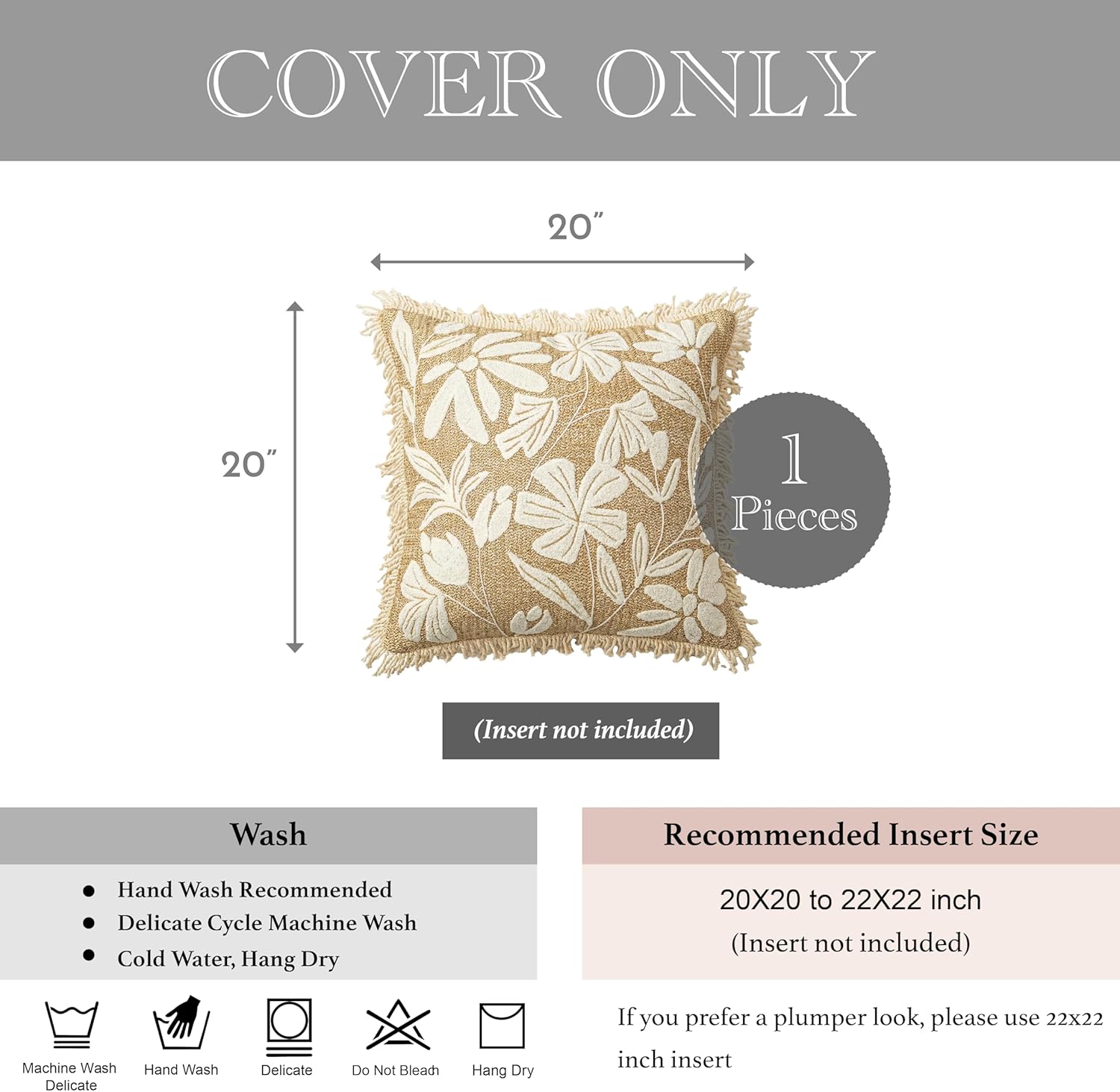 BlissBlush Jute Decorative Spring Accent Throw Pillow Cover 20X20, Neutral Floral Farmhouse Textured Pillowcase for Couch Sofa Living Room, Outdoor Lounge(Cover Only)