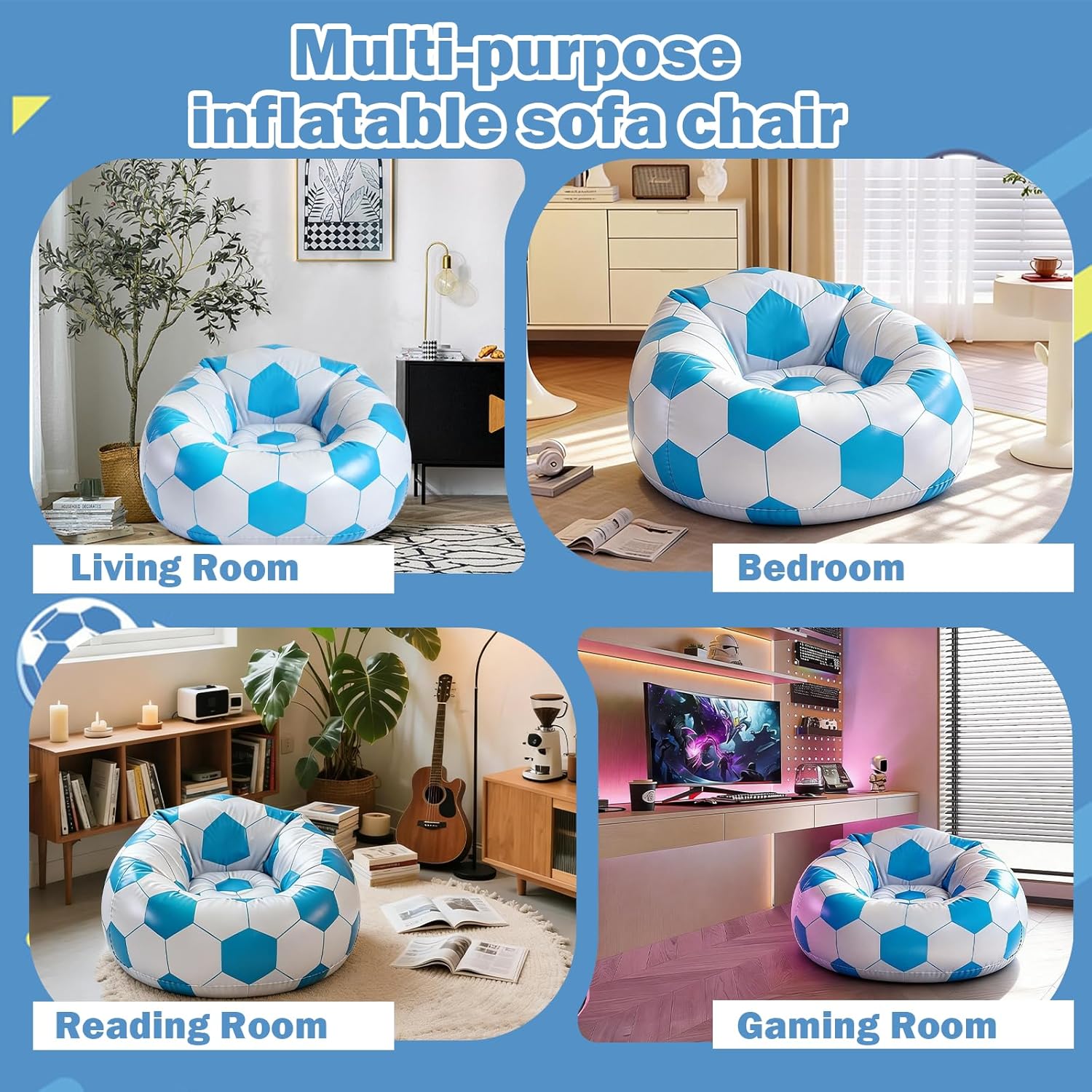 41in Inflatable Soccer Ball Bean Bag Chair, Portable Lazy Couch, PVC Air Cushion Sofa for Living Room Balcony Garden Camping