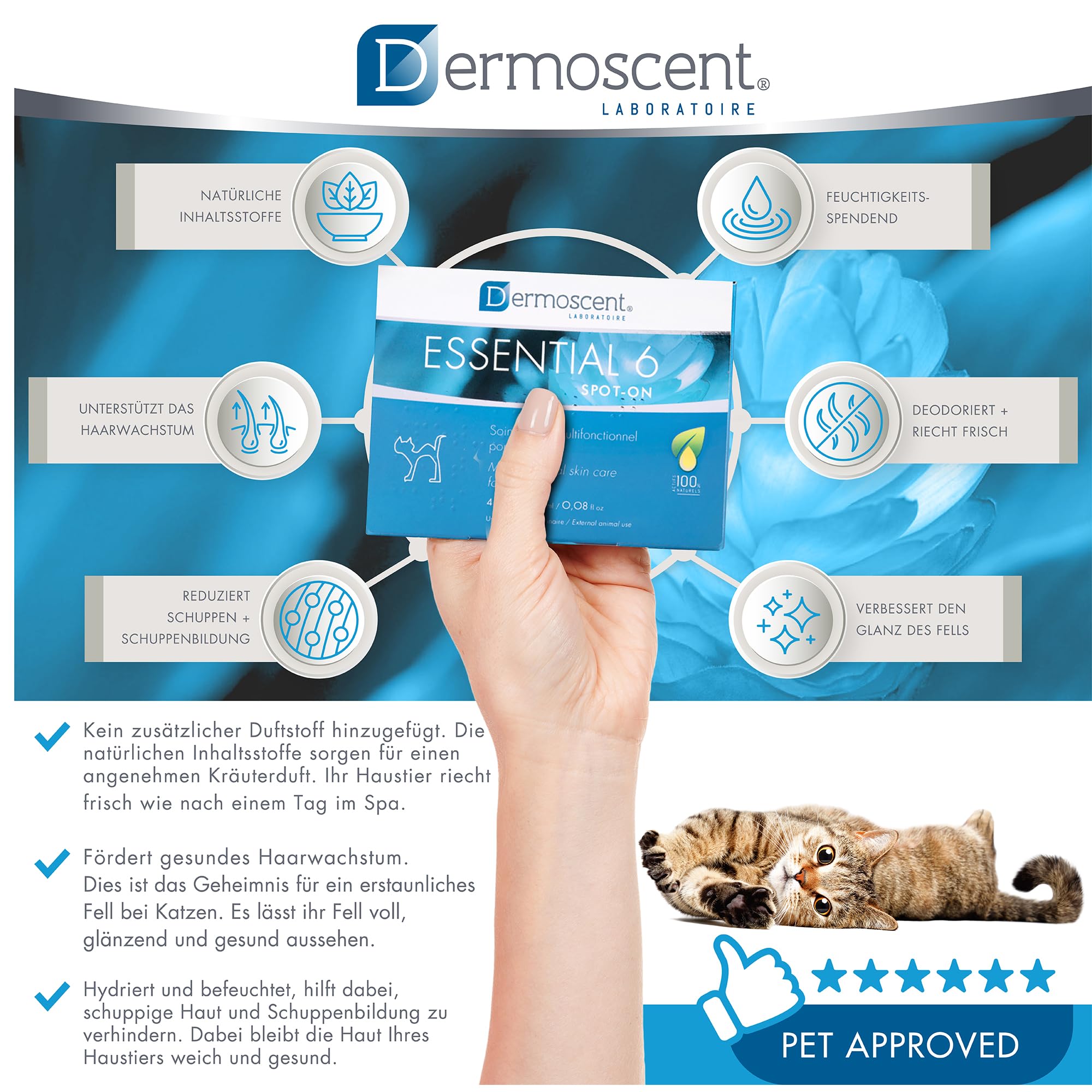 Essential 6 Spot-On | Innovatives Hautpflegeprodukt für Katzen | Hält die Haut feucht, das Fell glänzend, kontrolliert den Haarausfall, reduziert Gerüche und schützt mit natürlichen Inhaltsstoffen