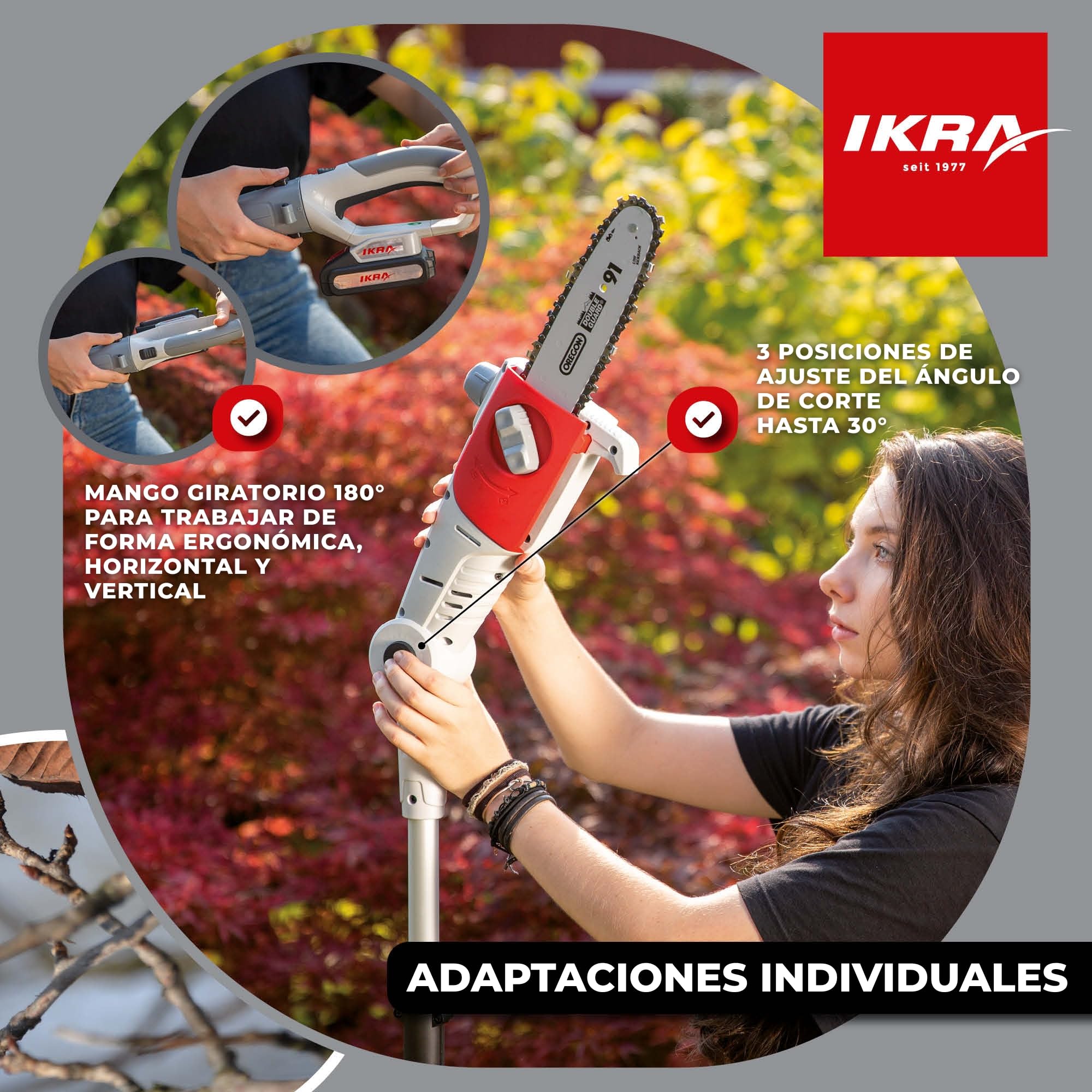 IKRA podadora de altura sierra telescópica a batería ICPS 2020, alcance 4m, duración 40 min.