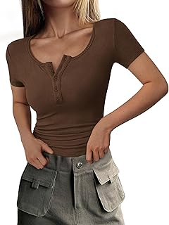 Camisetas de manga corta para mujer 2025 para otoño, verano, acanaladas, con botones Henley, ajustados, básicas, casuales, ropa