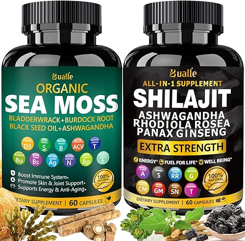 Bualle Paquete de musgo marino y shilajit musgo marino de 300 mg, aceite de semilla negra 100 mg, Ashwagandha 50 mg, jengibre y shilajit 300 mg,