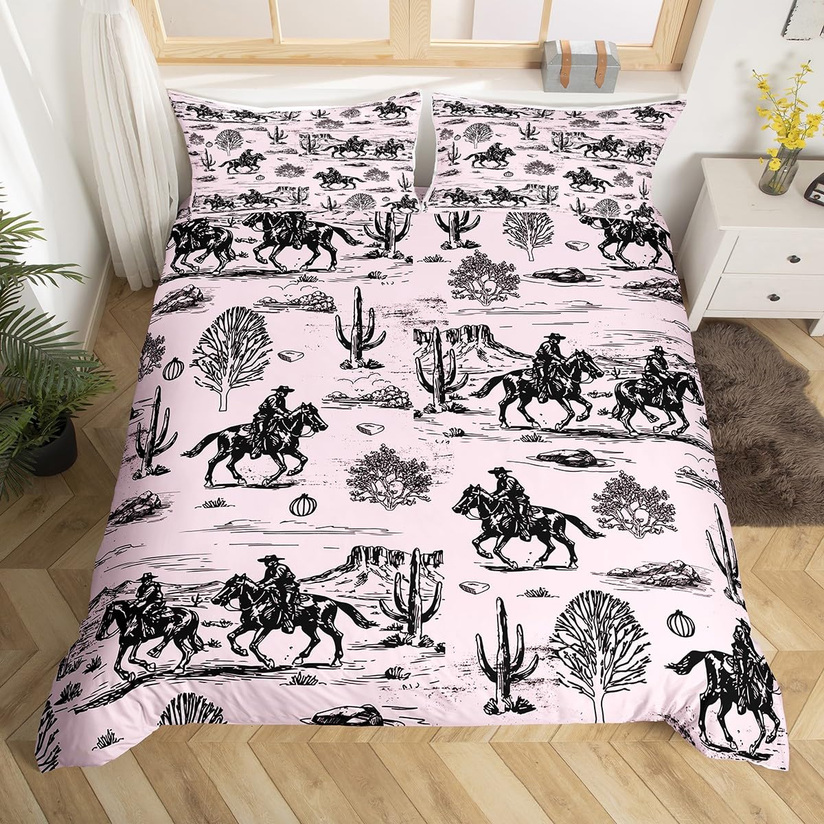 Homemissing Kids Single Size Cowboy Bedding Set Single Size, Wild West Desert Comforter Cover for Kids Wild West Desert Duvet Cover Galloping Horse Bedspread Cover With 1 Pillow Case (No Comforter)