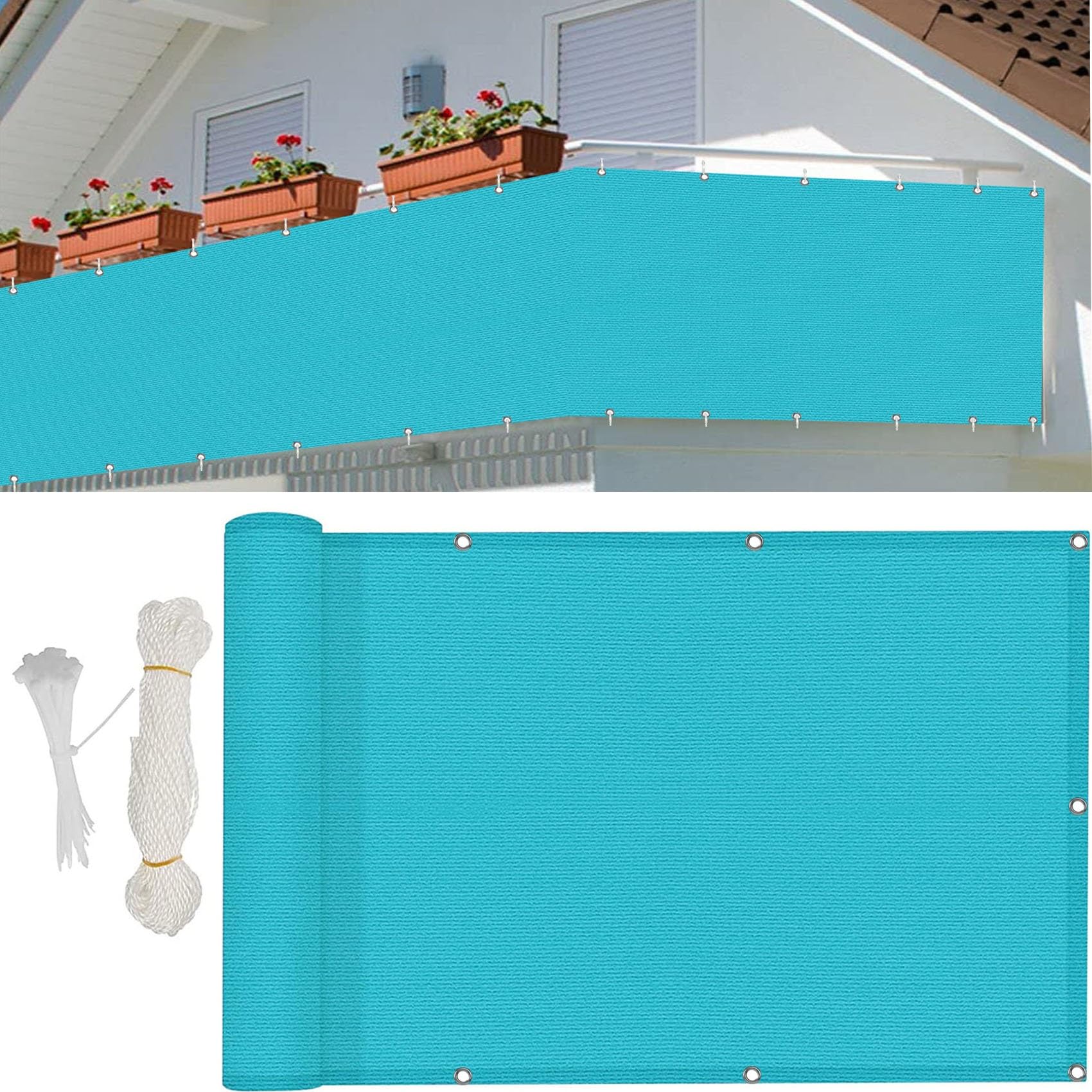 WQPMNYG Outdoor Balcony 125x600cm (49x236in) - Weatherproof Garden Fence Panel UV Protection Rope & Eyelets Blue - Ideal for Privacy & Sunshade
