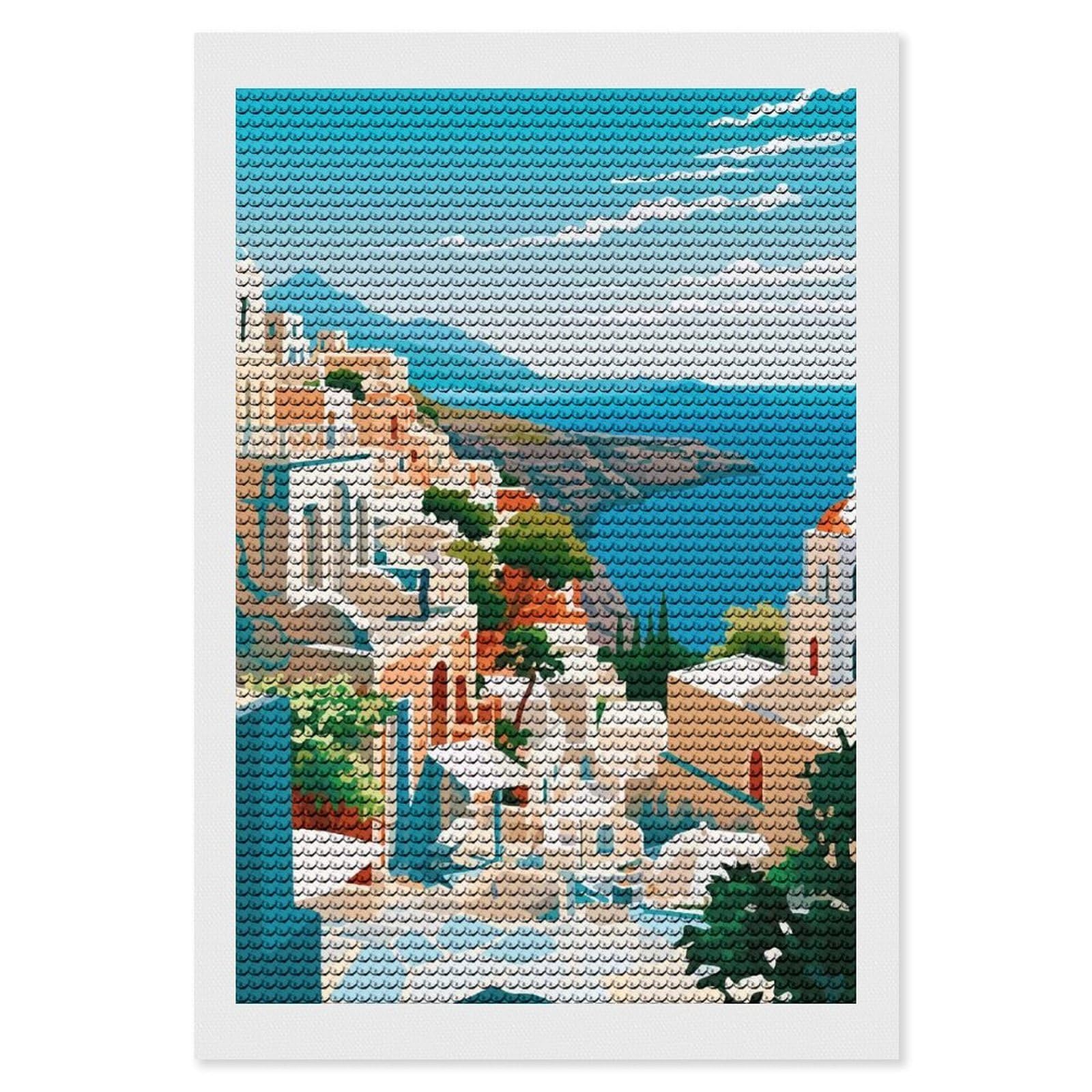 Junmoney Mediterranean Village Seascape DIY Diamond Art Canvas Kit 8"x12", for Teens, Aesthetic Room Decor, Farmhouse Decor, Canvas Picture, Birthday Gift