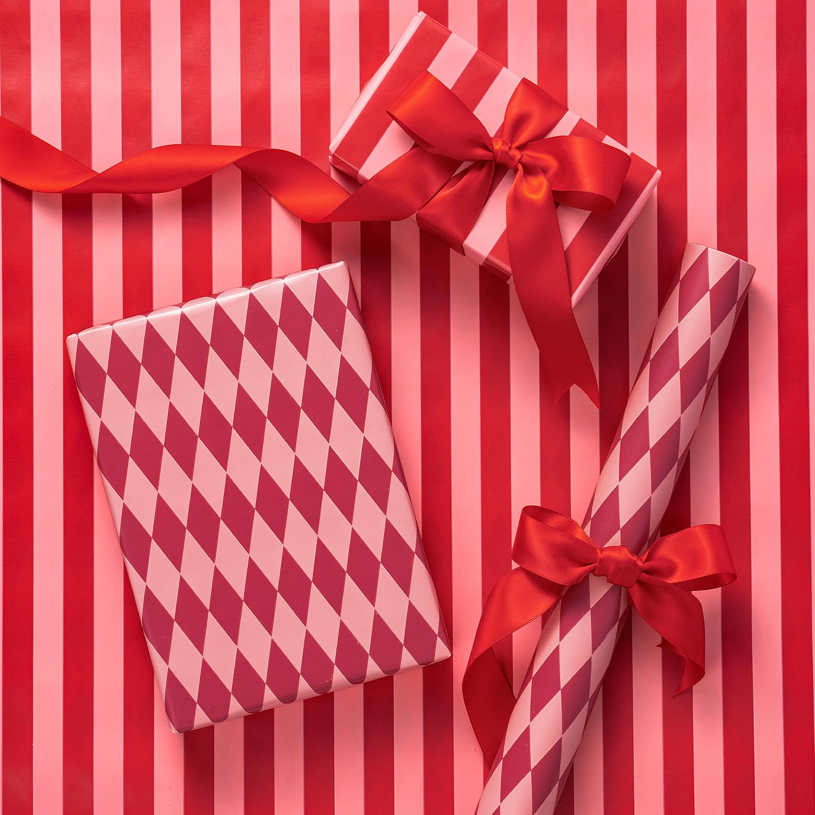 RUSPEPA Reversible Wrapping Paper Roll (43.2cm x 5m) - Red & Pink Stripes & Diamond Pattern, Gift Wrap for Girls, Christmas Valentine's Day Merry Market — image 1