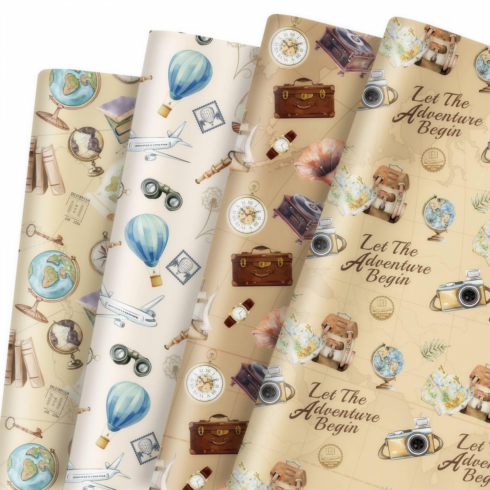 GleeWrap Vintage Travel Wrapping Paper, 12 Sheets Adventure Gift Wrap for Retirement, Birthday & Travel Themed Parties, 50x70cm