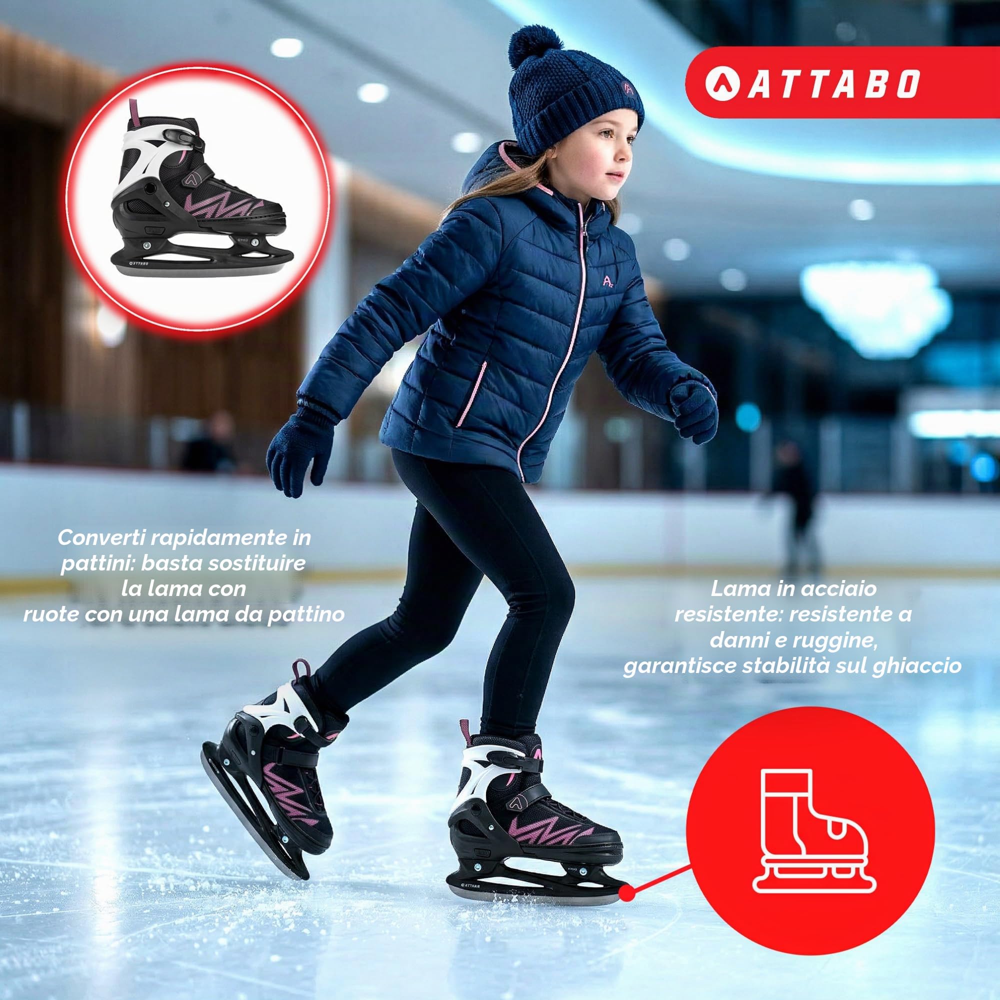 ATTABO Pattini a Rotelle per Bambini Kylo 2in1 Colore Blu|Rosa Pattini a Rotelle Regolabili Versatili per Bambini 30-41 Alta qualità e Comfort con Durezza delle Ruote 82A Perfetta Vestibilità