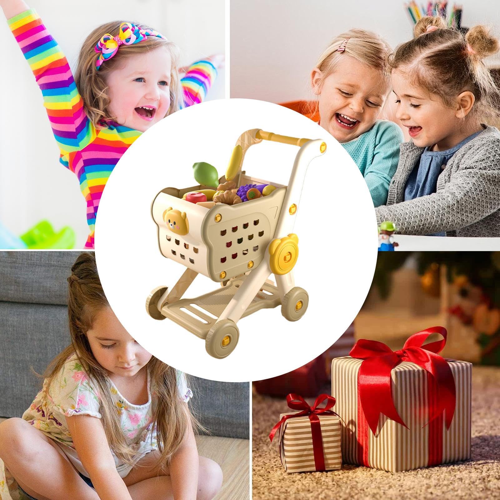 Kids Shopping Cart, Toddler Grocery Toy Set, 10.63x15.75x19.69 inches Pretend Play with Fruit and Vegetables, Educational Role-Play Kit for Preschool Boys Girls Family Activities