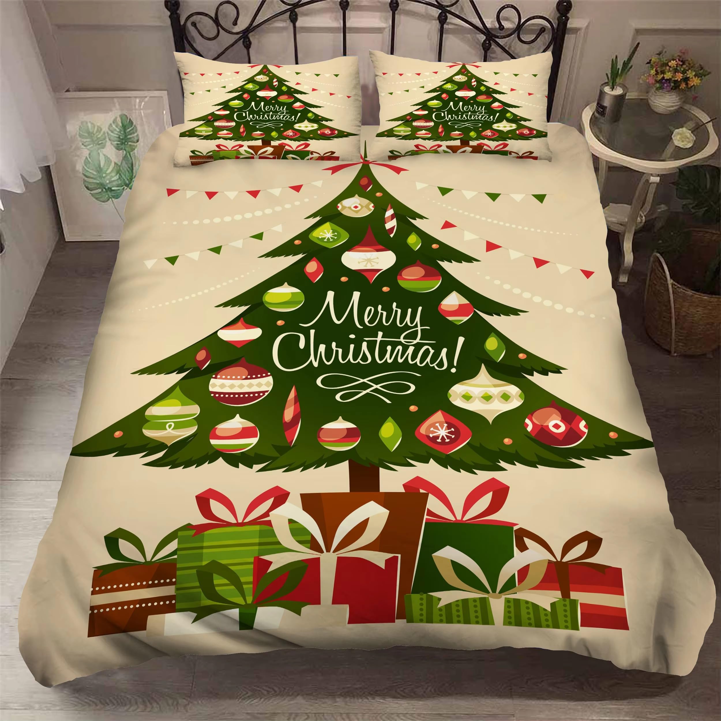 Housse de couette Noël enfant 140x200 imprimé sapin vert pour lit simple d'hiver