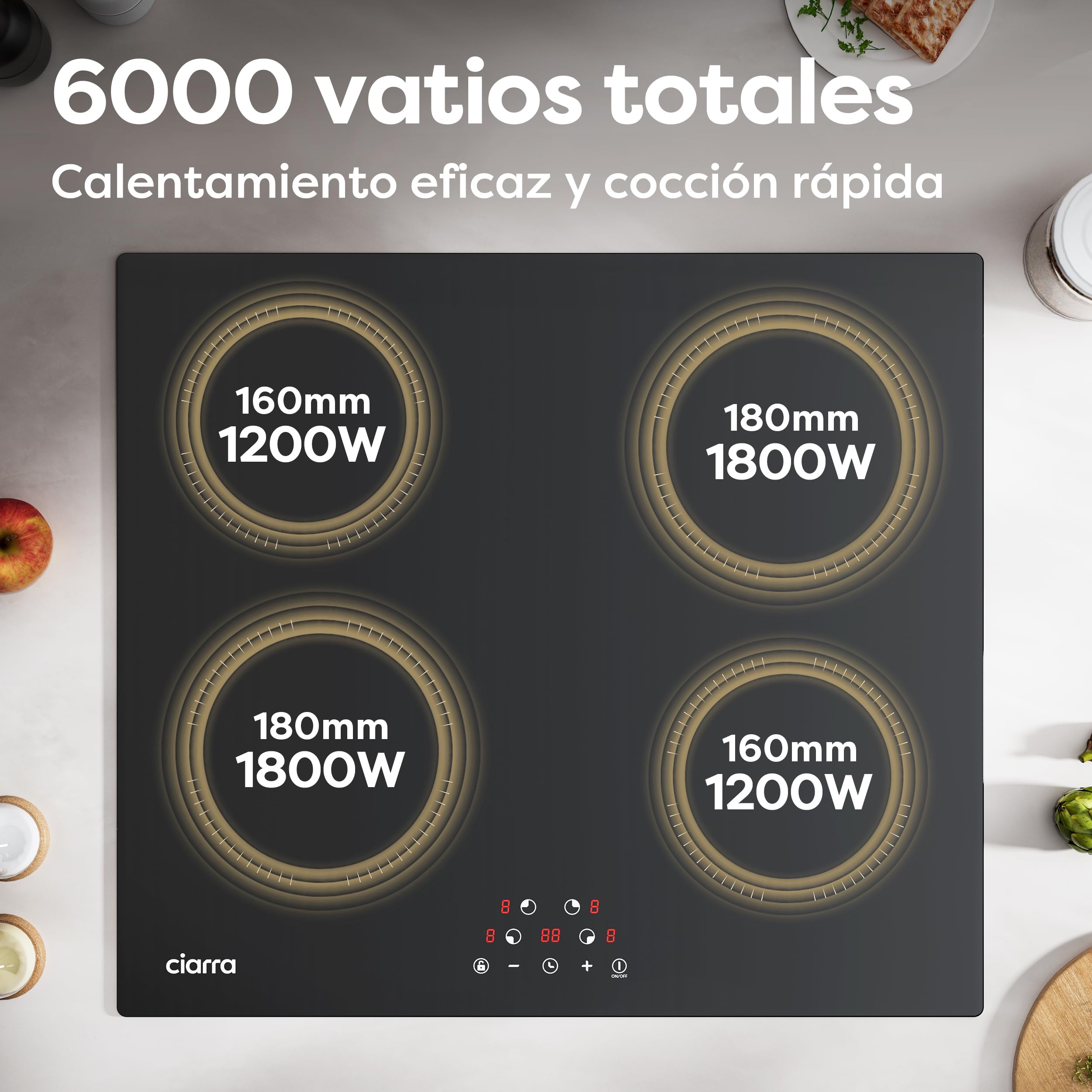 Ciarra Placa Vitroceramica Induccion 60 cm 4 Zonas CABBIH4-A | Limitador de Potencia 2,8/3,5/6kW, Bloqueo Infantil, Detector de Recipientes, Calor Residual, Apagado Automático