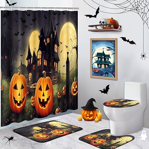 Miniatura 10 de Juego de cortinas de ducha de Halloween con tapa de inodoro y alfombras antideslizantes, 4 cortinas de ducha para baño, decoración simple de baño