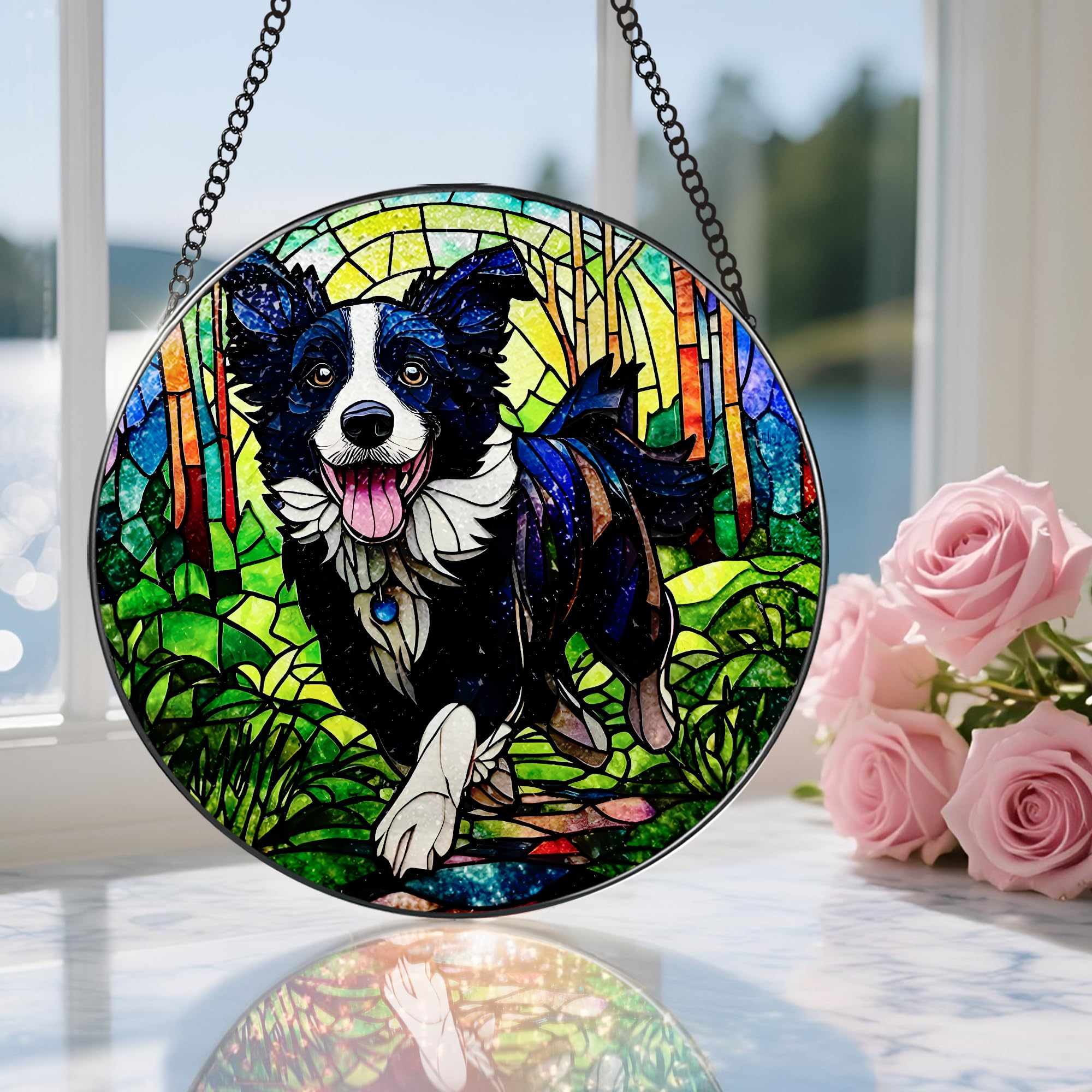 20 cm witrażowa ozdoba na okno, ozdoba z witrażem Border Collie, ozdoba łapacza słońca, dekoracja okna | prezenty dla miłośników psów, prezent dla miłośnika psów, prezent dla miłośnika