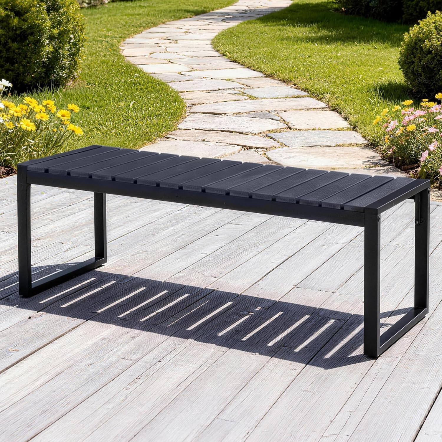 Mingone Banco de Jardín Exterior de 2 Plazas, Resistente a la Intemperie – Banco Exterior Rústico de Madera Plástica para Terraza, Patio o Parque, 120 cm