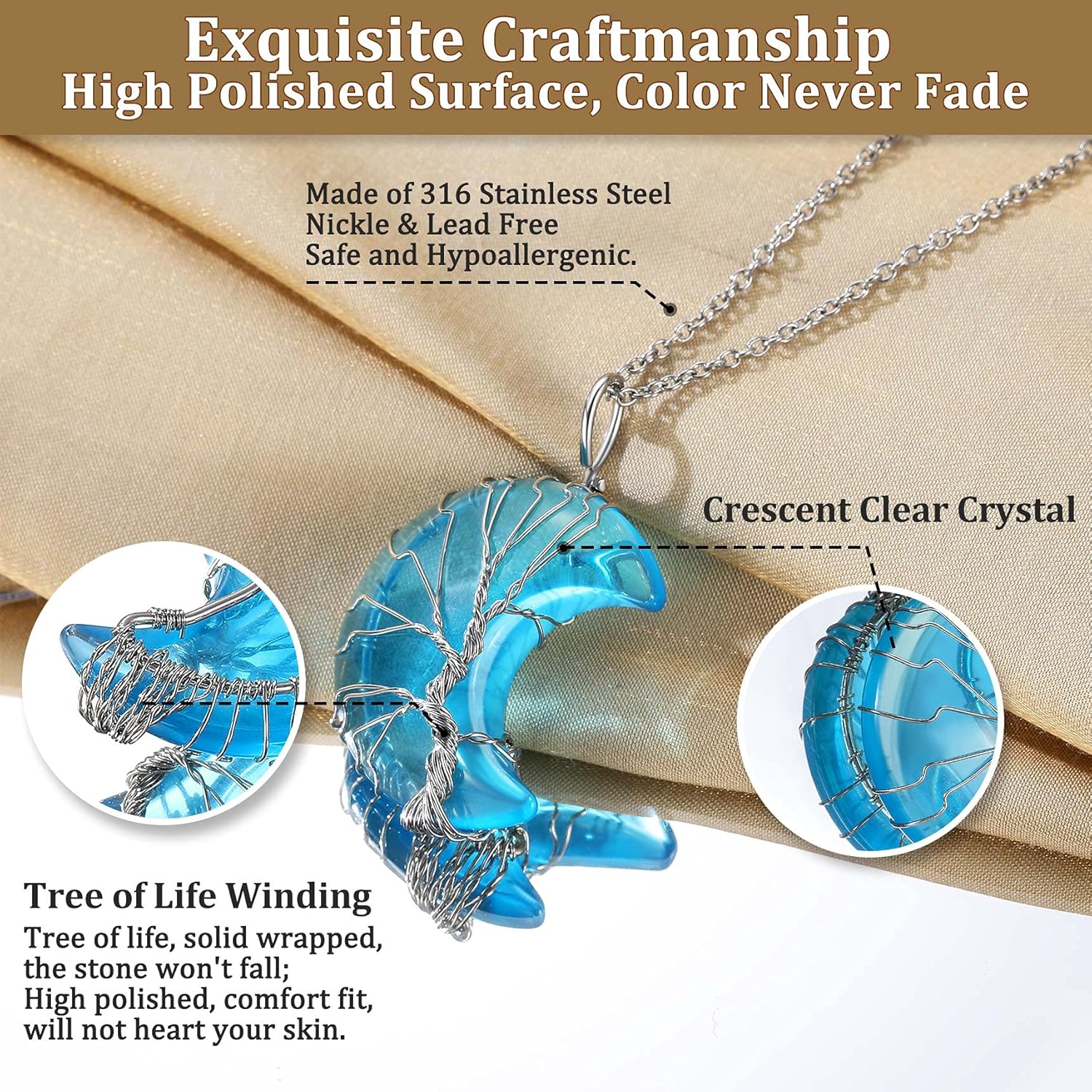 Bestyle Tree of Life Wrapped Healing Crystal Necklaces 12 Month Birthstone Pendant for Women, Crescent/Heart Gemstone Jewelry, Vintage Birthday Gifts/Energy Gift - Image 4