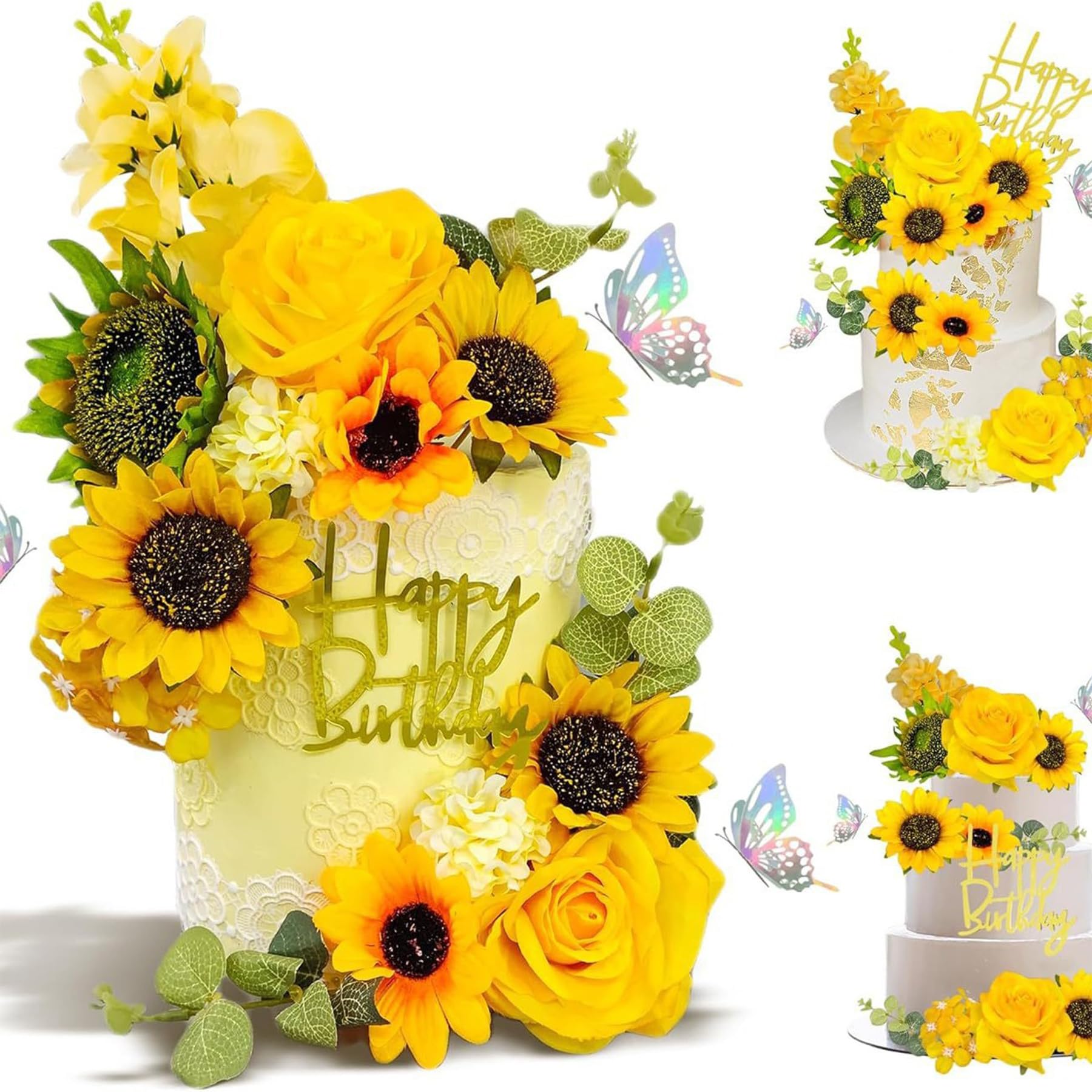 Wasise Sunflower Cake Decorations - 19PCS Sunflower Birthday Decorations, Flowers for Cake Decorating, Floral Cakes Topper, Yellow Cakes Decoration, Butterfly Decoration, Flores Decorar Pasteles