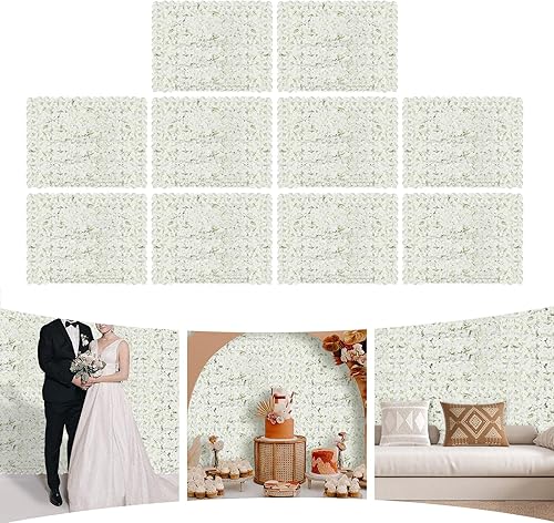 Miniatura 7 de Paneles de pared de flores artificiales, 16 x 24 pulgadas, 10 piezas de decoración de pared de flores, pared de fondo de flores blancas para bodas,