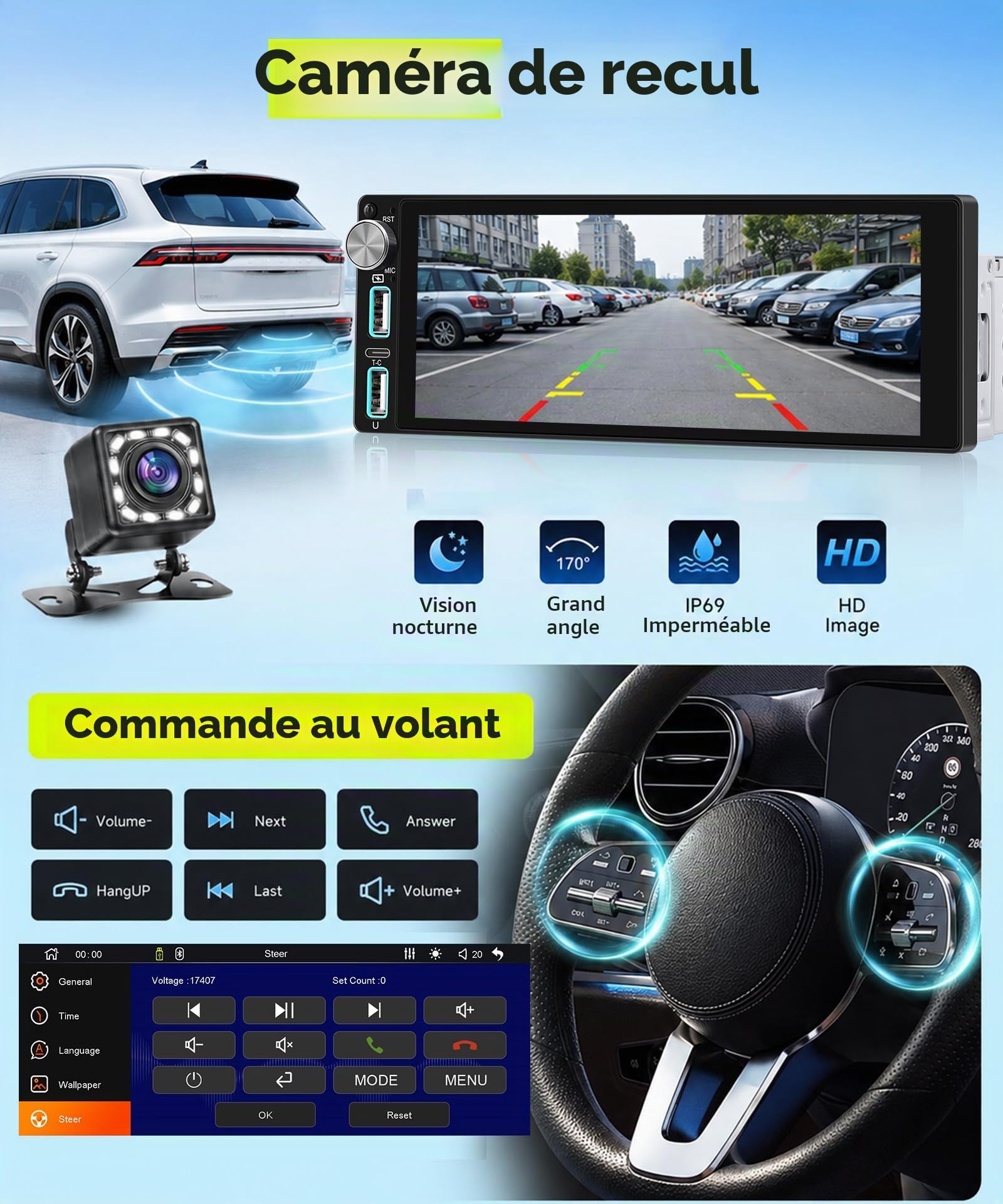 Rimoody Dab+/Dab Autoradio 1 Din avec sans Fil Carplay Android Auto Bluetooth 5.2 FM/AM, 6.86 Pouces Écran Tactile Radio Mirror Link Dab Adaptateur/EQ/USB/Type C Commande au Volant Caméra de Recul