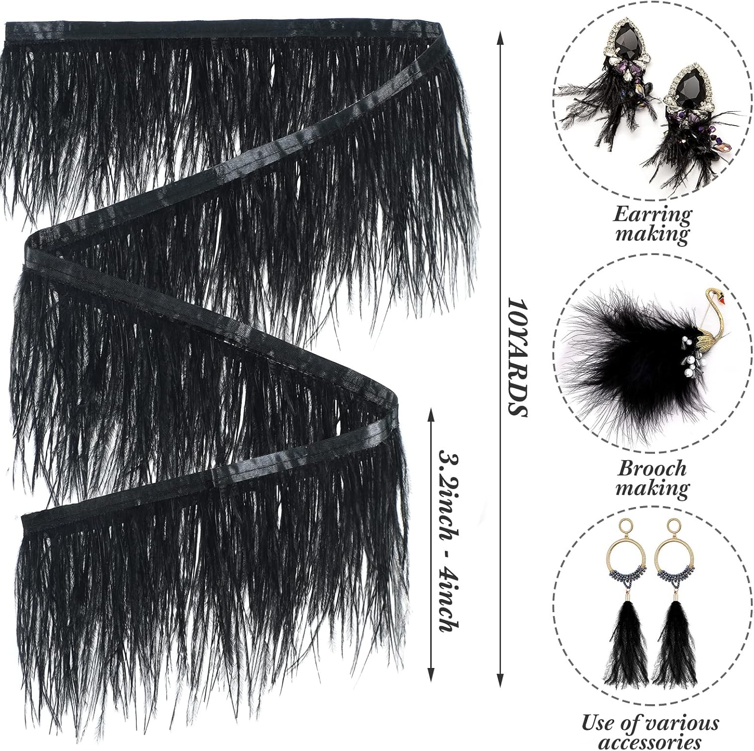 Janinka 10 Yards Black Ostrich Feathers Trims 3-4 Inch Feathers Fringe Trim Ribbon for DIY Dress Sewing Crafts Halloween Costumes Accessories