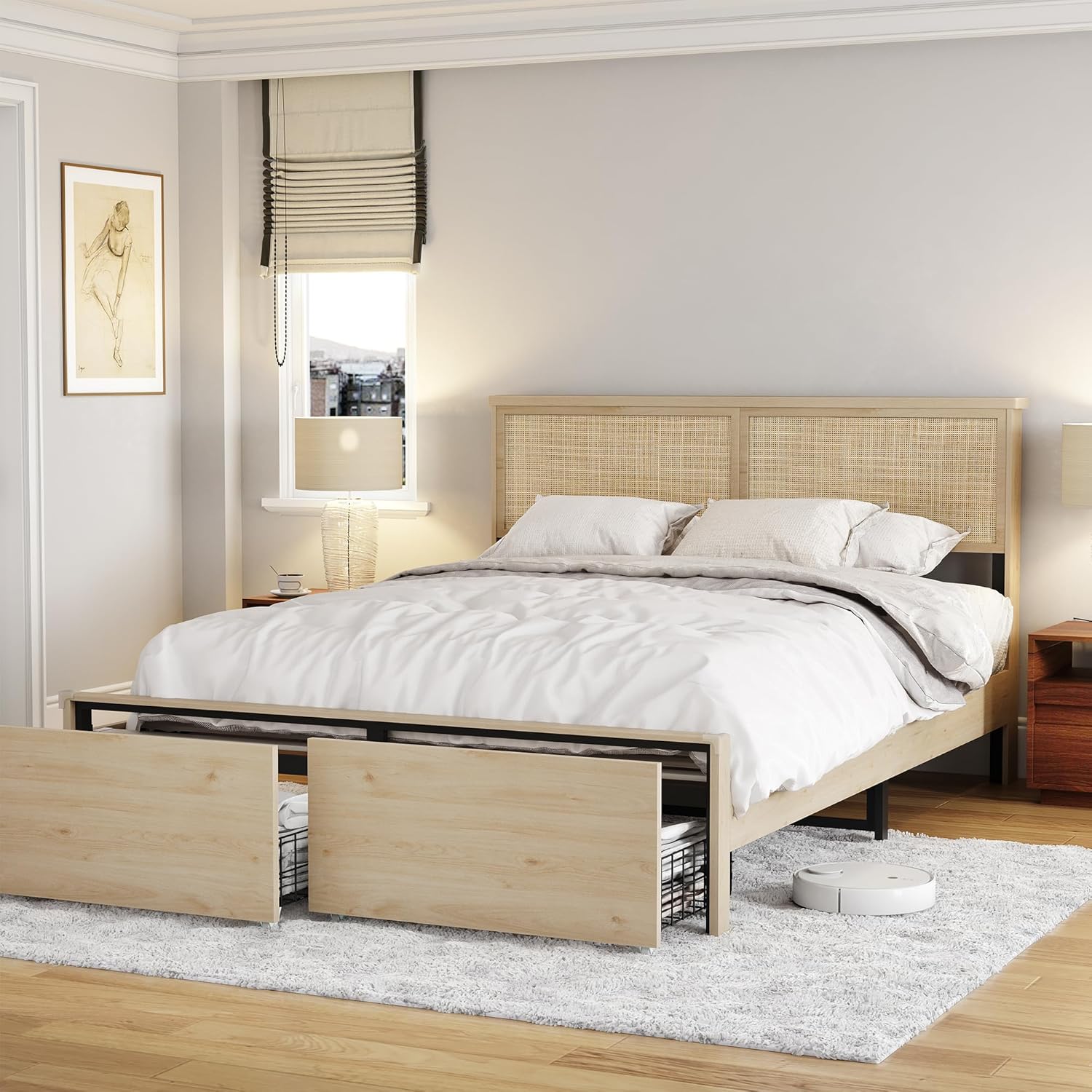 Brafab Natural Rattan Queen Bed Frame with Wooden Headboard