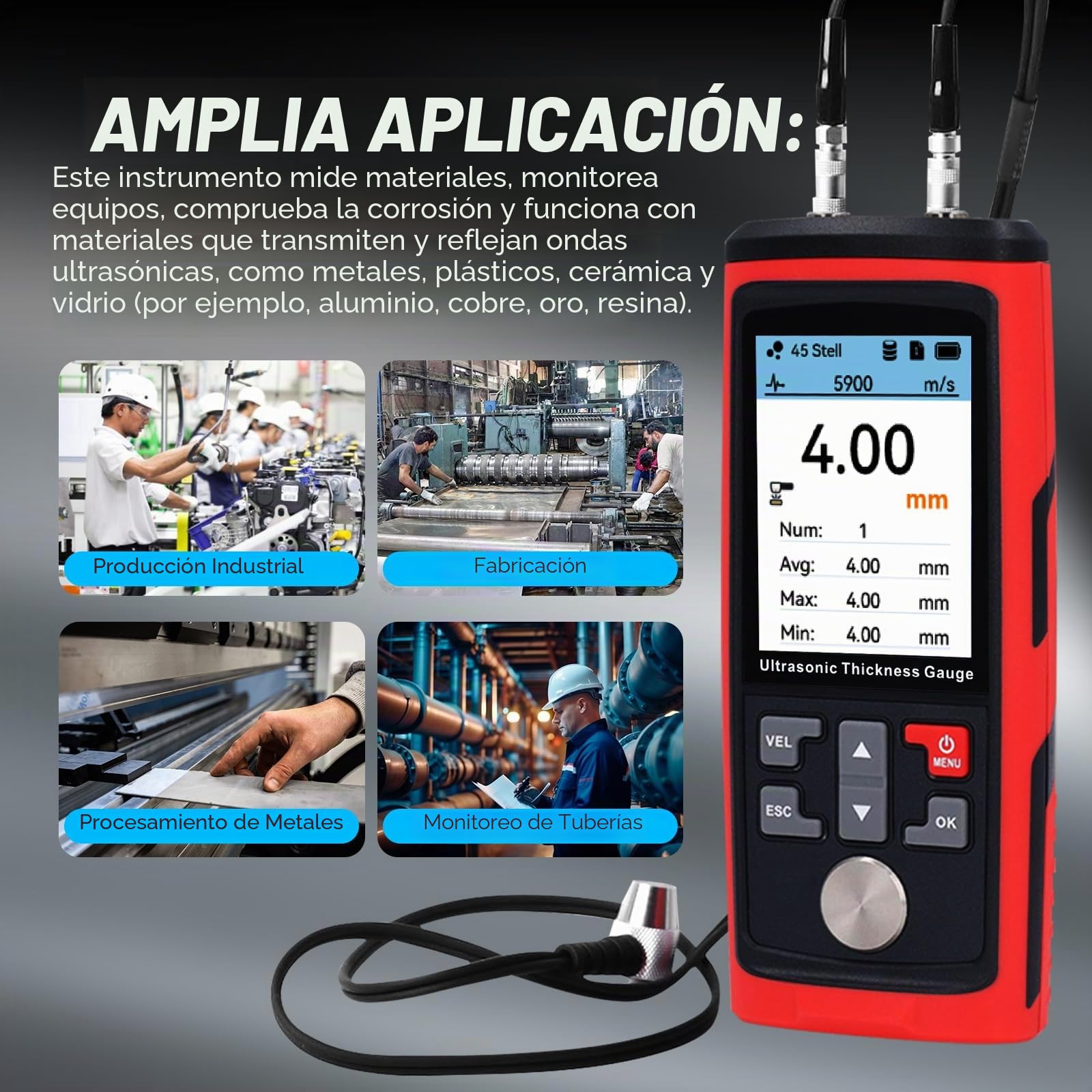Medidor de espesor ultrasónico de 1.00-300.0 mm, rango de medición de alta precisión, retroiluminación LCD, 1500 datos, velocidades de sonido personalizables para medir metal, acero, cerámica,