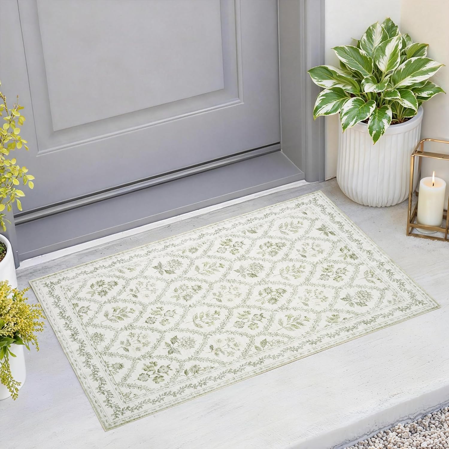 Small Green Rugs 2x3 Sage Green Kitchen for Entryway, Soft Washable Floral Printed Small Area Rug, Non-Slip Kitchen Mat, Low-Pile Indoor Bathroom Farmhouse Carpet for Entrance Cottage Boho