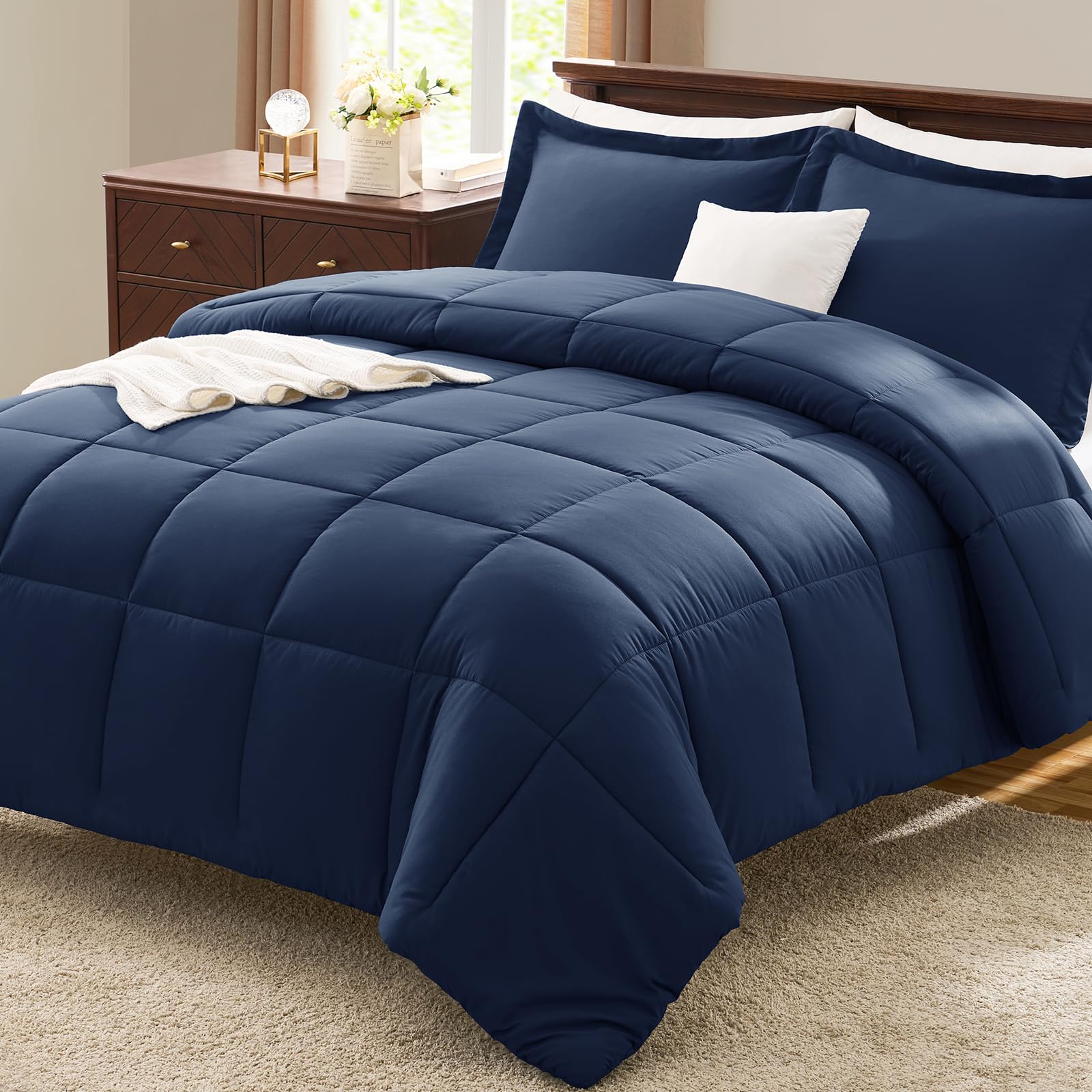 CozyLux Oversized King Comforter Set, 3 Pieces Navy Blue 120x98 Box Stitched Design Soft Bedding Set, All Season Lightweight Breathable Bed Set with 1