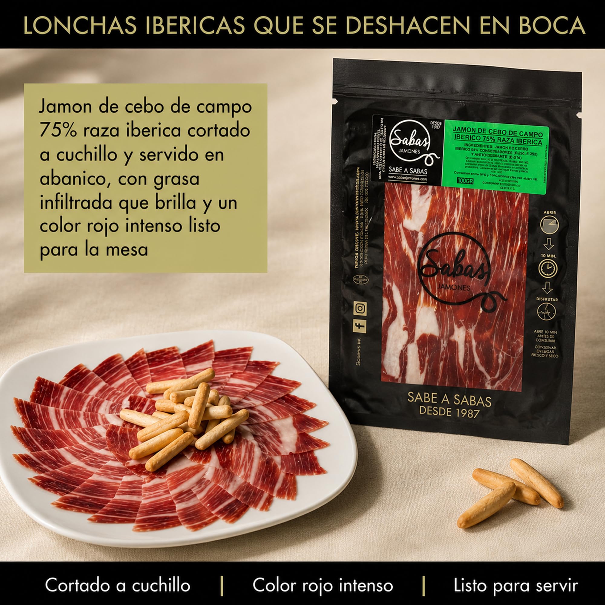 Jamon Iberico Loncheado Cebo de Campo 75% Raza Iberica Cortado a Cuchillo | 5 sobres 100 g envasados al vacio, listos para servir; charcuteria gourmet para tabla, aperitivo, cesta y regalo