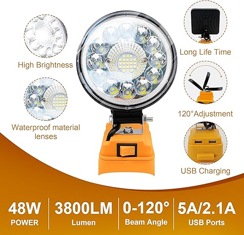 Miniatura 2 de Luz de trabajo LED inalámbrica portátil para batería Dewalt de 20 V, luces de inundación de 27 W 2850 lúmenes al aire libre, con dos puertos de