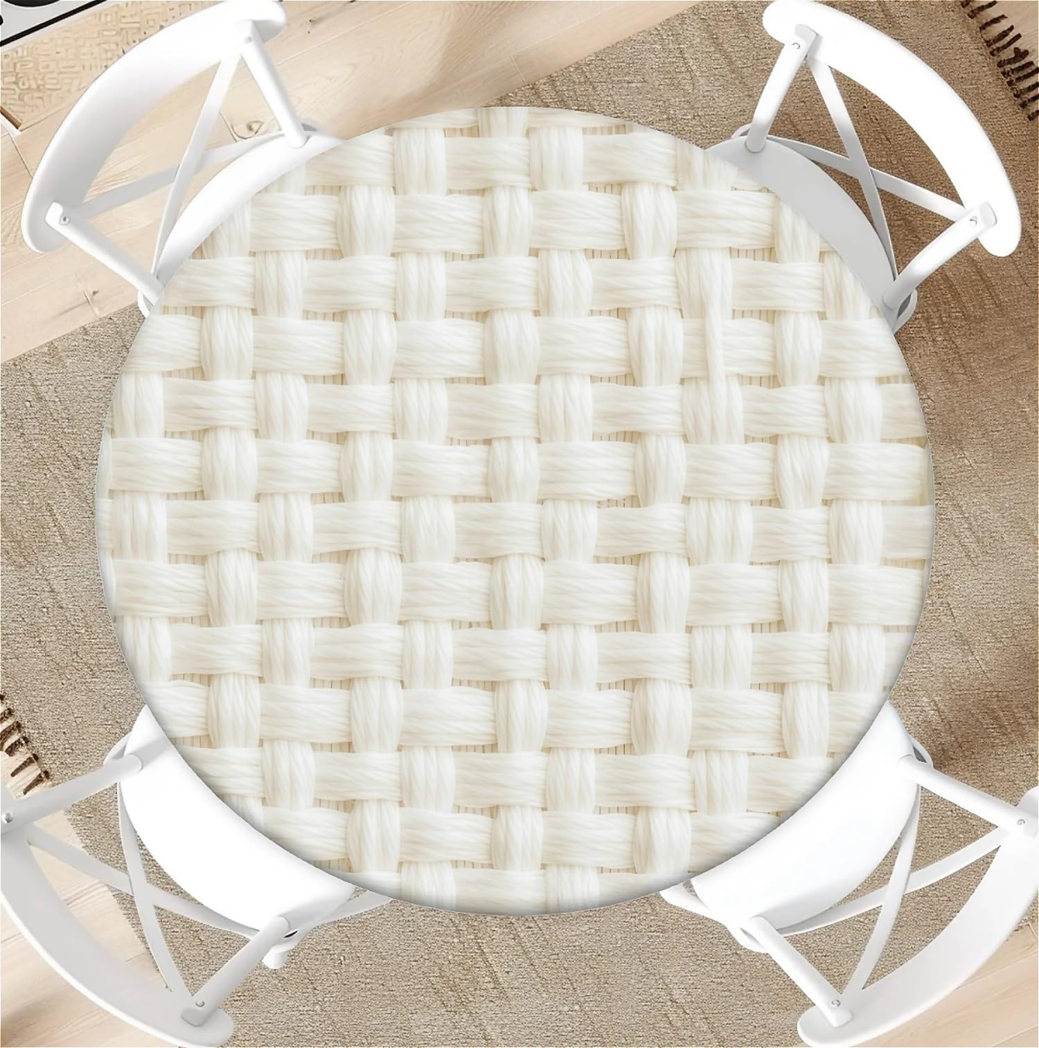 Round Tablecloth with Elastic Edge 60 Inch Waterproof Outdoor Fitted Table Cover for Dining, Kitchen, Party –White Knitwear Decorative Patterned Table Protector