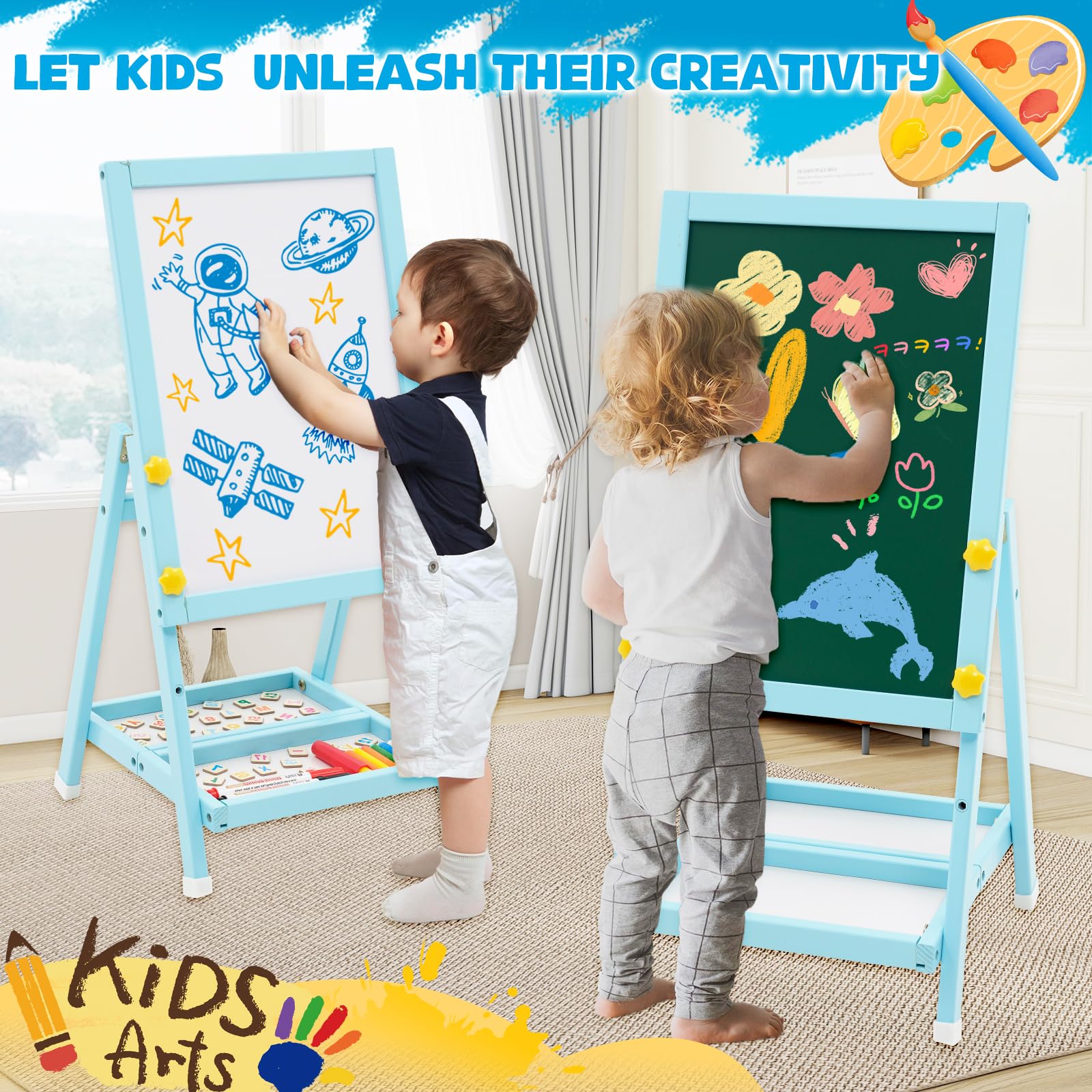 Lavagna in legno per bambini, Art Kids Easel cavalletto per l'arte Mini Blue Lavagna bifacciale e lavagna per bambini con numeri e altri accessori per bambini e bambini.
