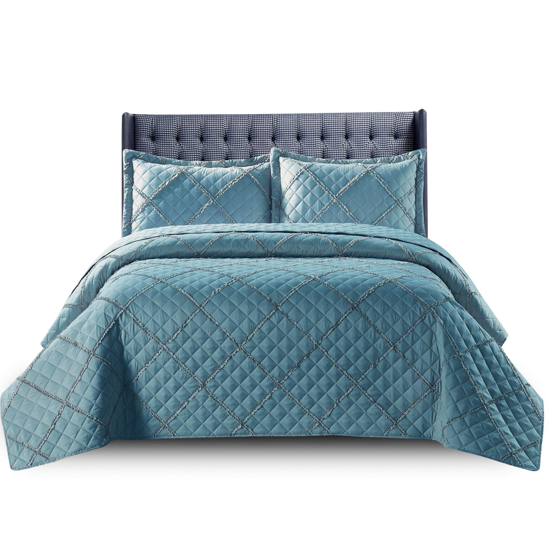 PHP Quilted Bedspread Bed Throws for Room Decor - Quilted Fabric Embossed Striped Pattern Ruffle Design Reversible Quilt Bedspreads Coverlets with Hypoallergenic Pillow Cover (King, Ruffle Blue)