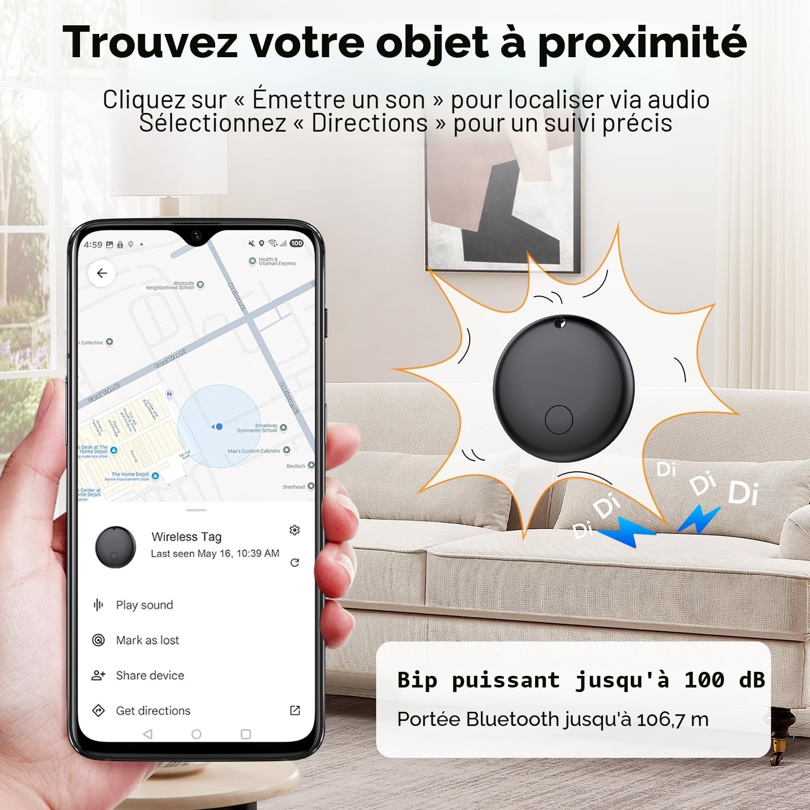 Tracker Tag Android Smart Tag, localisateur de clés compatible avec Google Mon appareil Finder APP (Android uniquement), recherche de clés Bluetooth pour bagages, sacs, valises, portefeuille (lot de 4