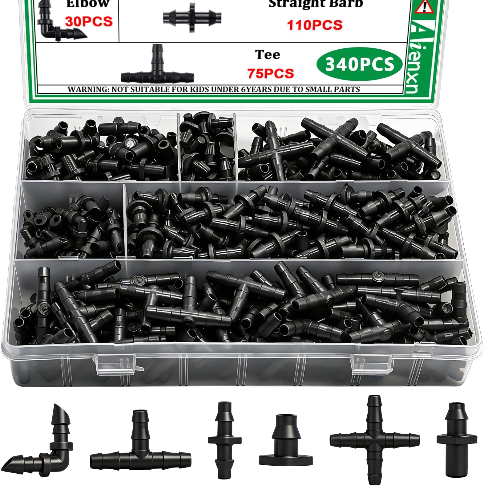 340PCS 1/4" Drip Irrigation Kit Barbed Connectors, Straight Barb, Tee, Single Barb, End Plug, Elbow, 4 Way Coupling Irrigation Fittings for Garden Lawn Flower Pot