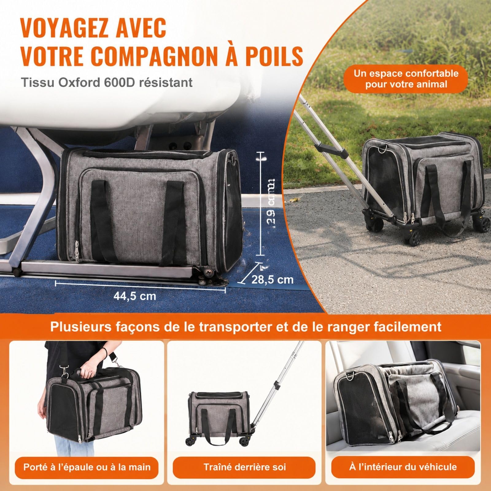 Sac de Transport à roulettes pour Chat et Chien 11,3 kg, Gris, poignée télescopique, bandoulière, gamelle Pliable, Fermeture éclair autobloquante, pour Voyage et Sortie