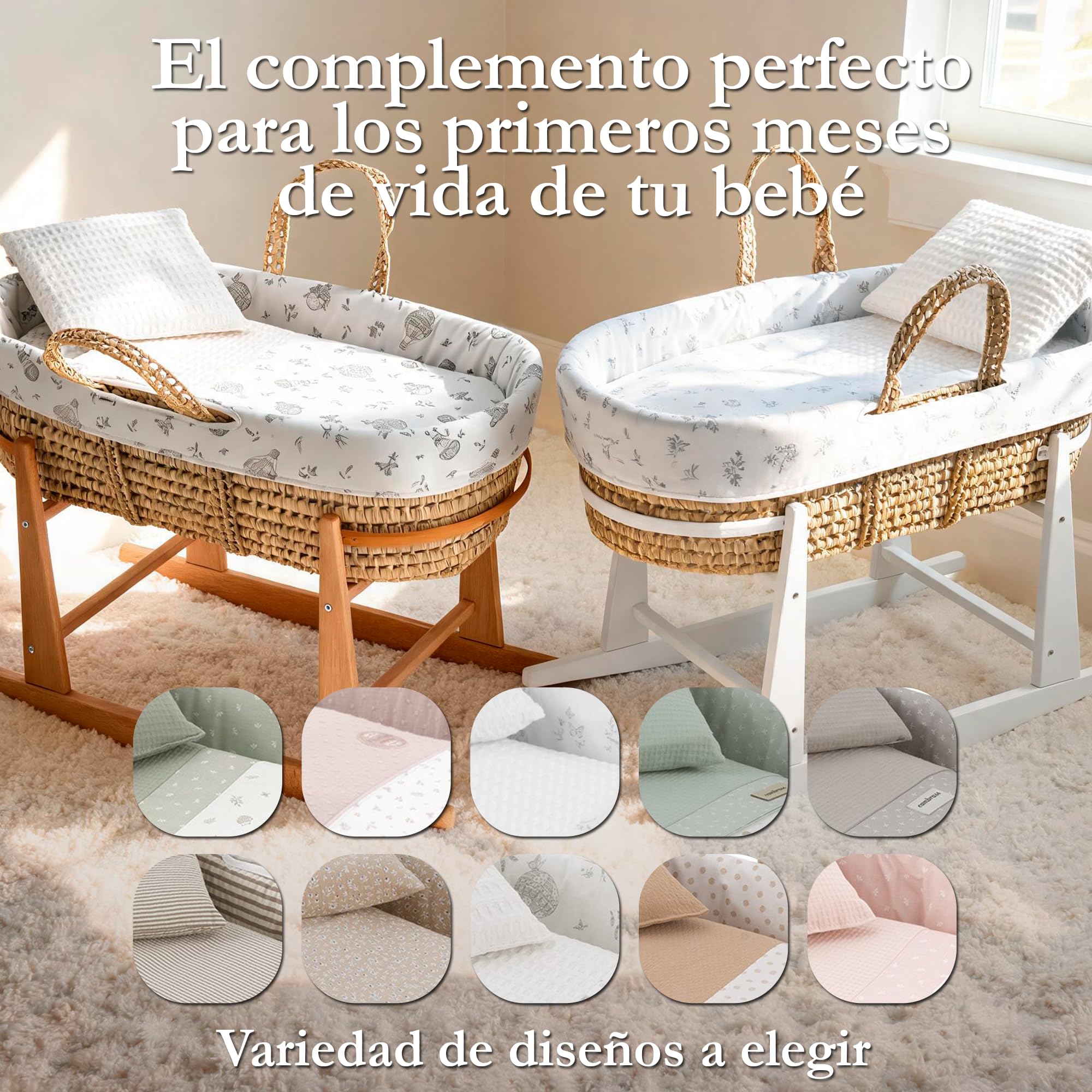 Cambrass-moisés para bebé con Soporte de Madera-capazo de Palma para los Primeros Meses del bebé-moisés de Mimbre con Asas para facilitar su traslado - Abete Beige/Natural 39x80x25 Cm