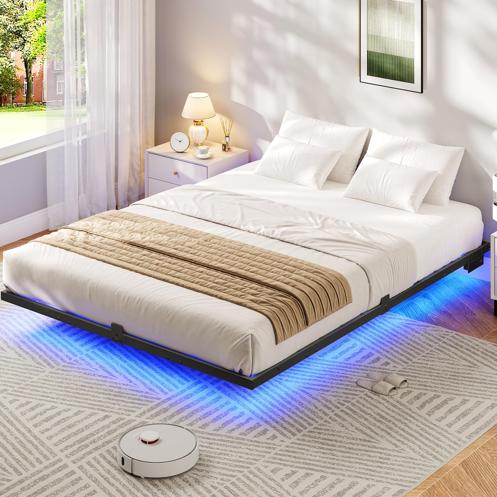 HOOBRO Floating Bed Frame Queen Size, Queen Bed Frame with Smart LED Lights and Charging Station, Modern Metal Platform Bed, No Box Spring Needed,