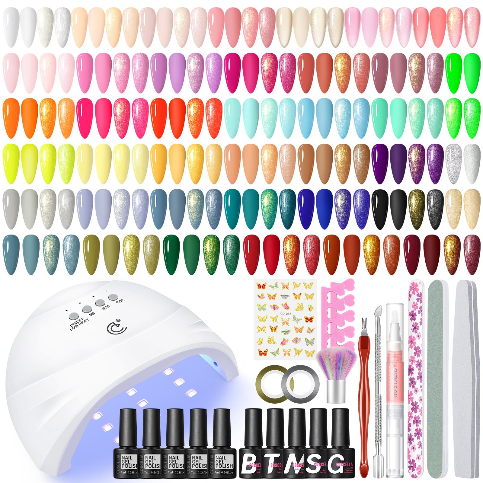 COSCELIA Zestaw Startowy do Paznokci Żelowych - 40 Sztuk, Lakiery UV z Lampą, Base Coat Top Coat, Studio Paznokci, Kompletny