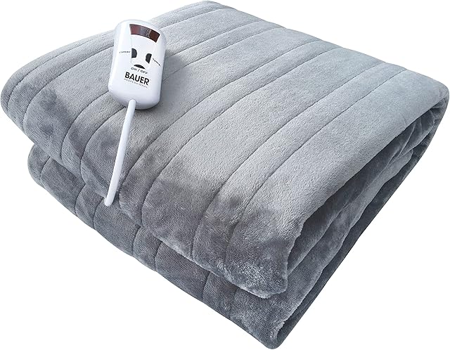Bauer Professional Luxury Soft Touch Heated Throws / Electric Blankets Micro Fleece With 10 Heat Levels / Machine Washable / King Bed & Double Bed Sizes (Grey, Double)