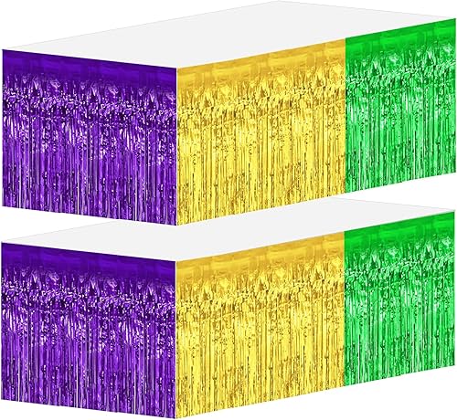 Falda de mesa con flecos metálicos de 2.5 x 10 pies, color verde, dorado y morado, falda de mesa de oropel para fiesta de Mardi Gras, decoraciones