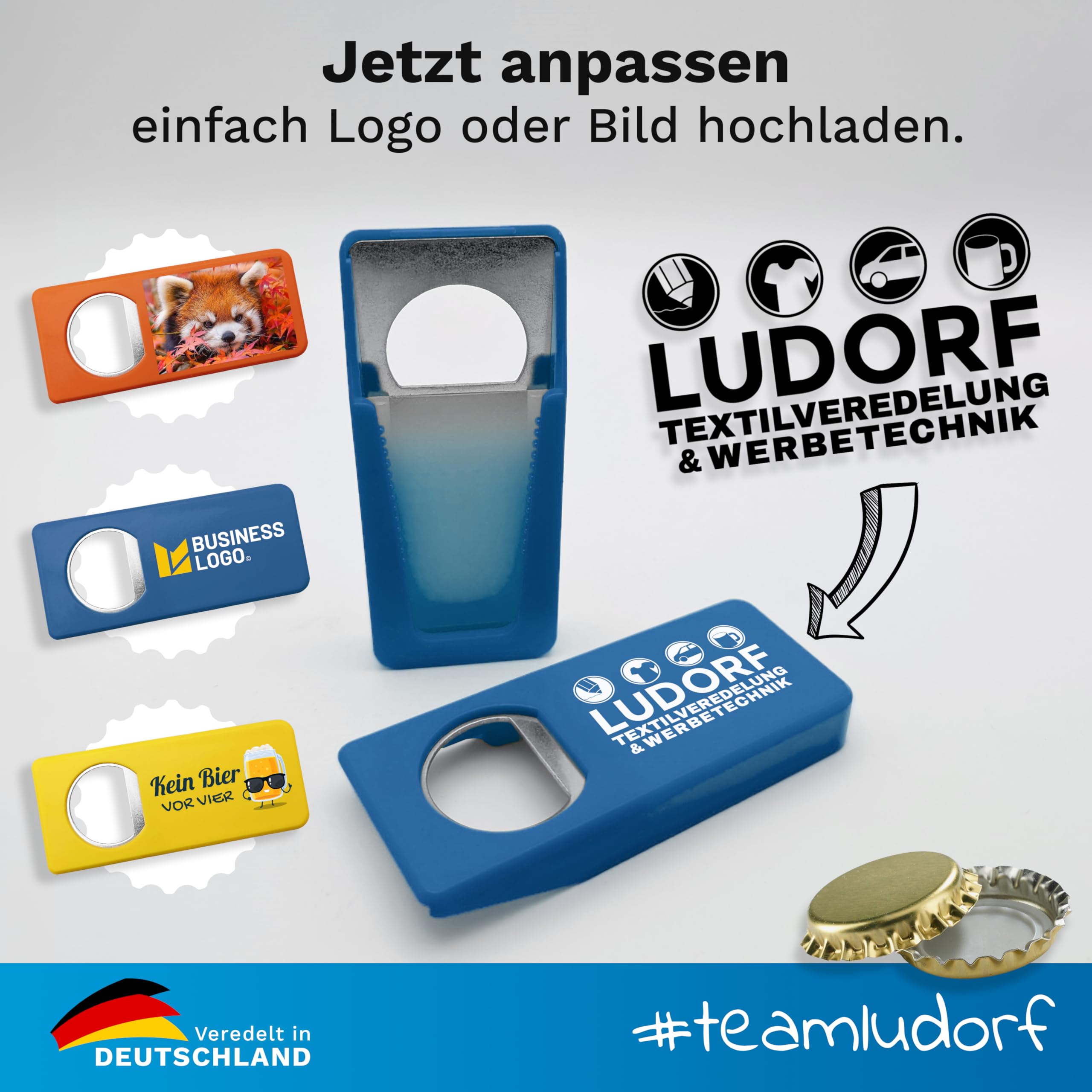 Personalisierte Flaschenöffner mit Verschluss (100 Stück, Blau) – Mit eigenem Foto, Logo & Text bedruckbar – Nachhaltig aus Recycling-Kunststoff