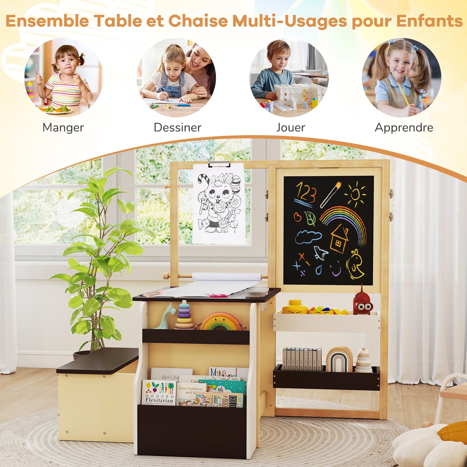 GOPLUS Bureau Enfant avec Rangement, Tableau Chevalet Double Face Ajustable, Table d'Activité avec Banc, Rouleau de Papier, Tableau Blanc/Noir, 3+Ans (Café)