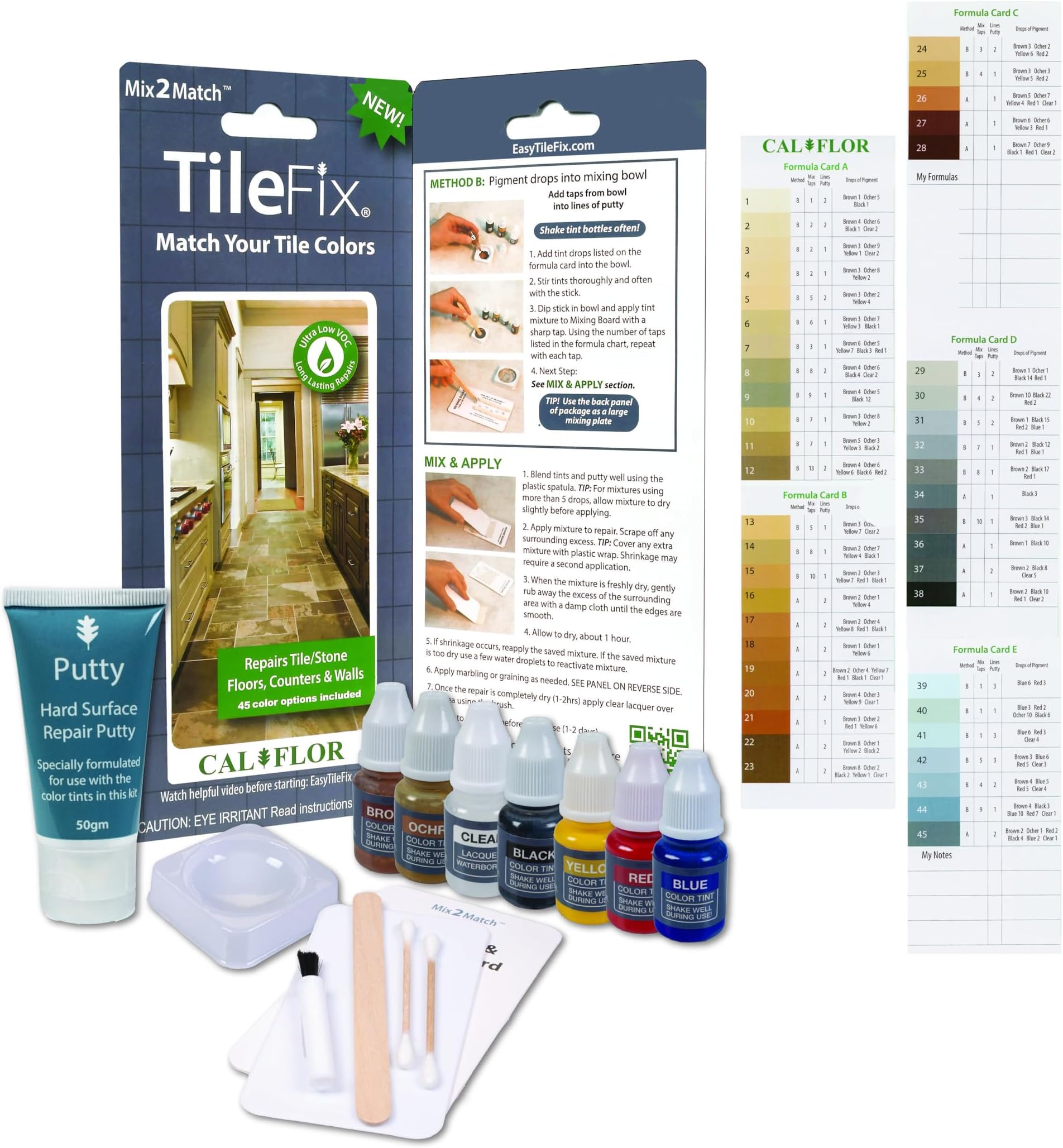 TileFix Mix2Match Tile & Stone Repair Kit – Ceramic, Porcelain, Marble & Stone – 45 Color Formulas