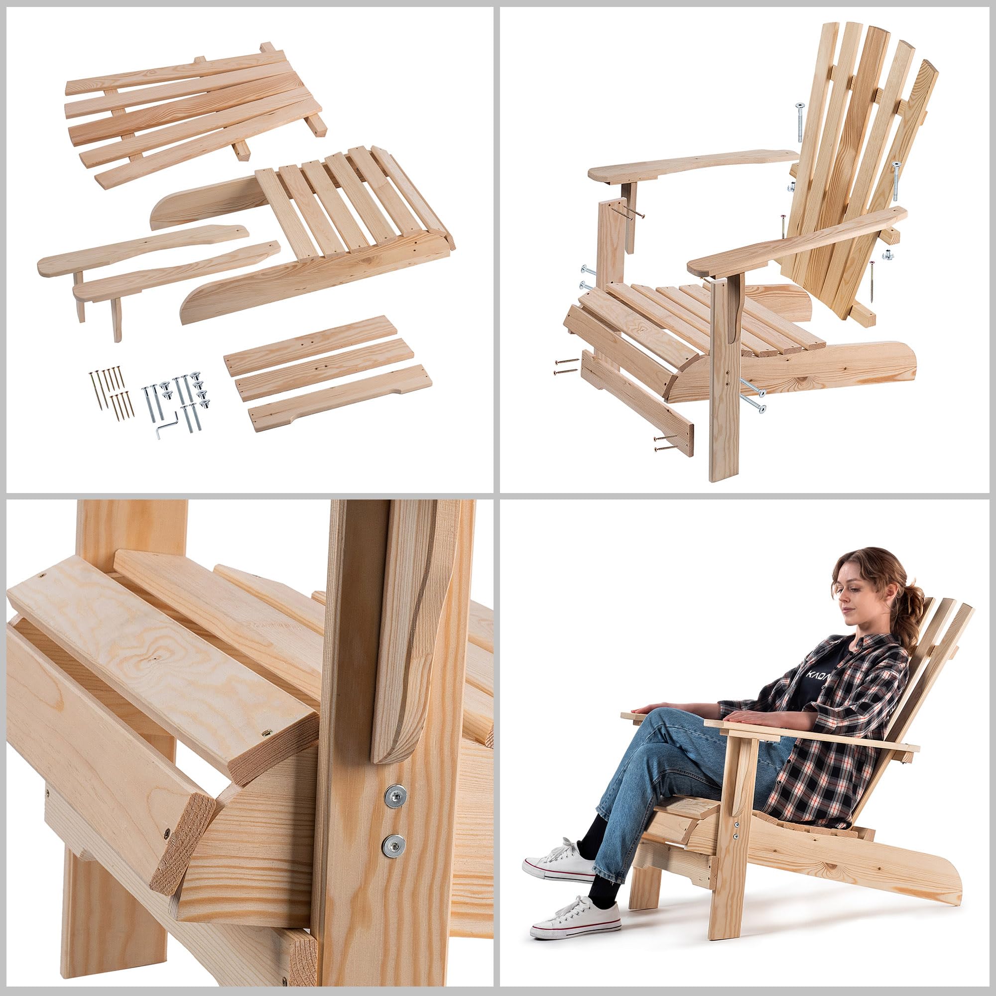 KADAX Silla de Jardín Adirondack de Madera, con Respaldo Alto y Reposabrazos, Silla de Relajación, para Exterior (Madera Natural)
