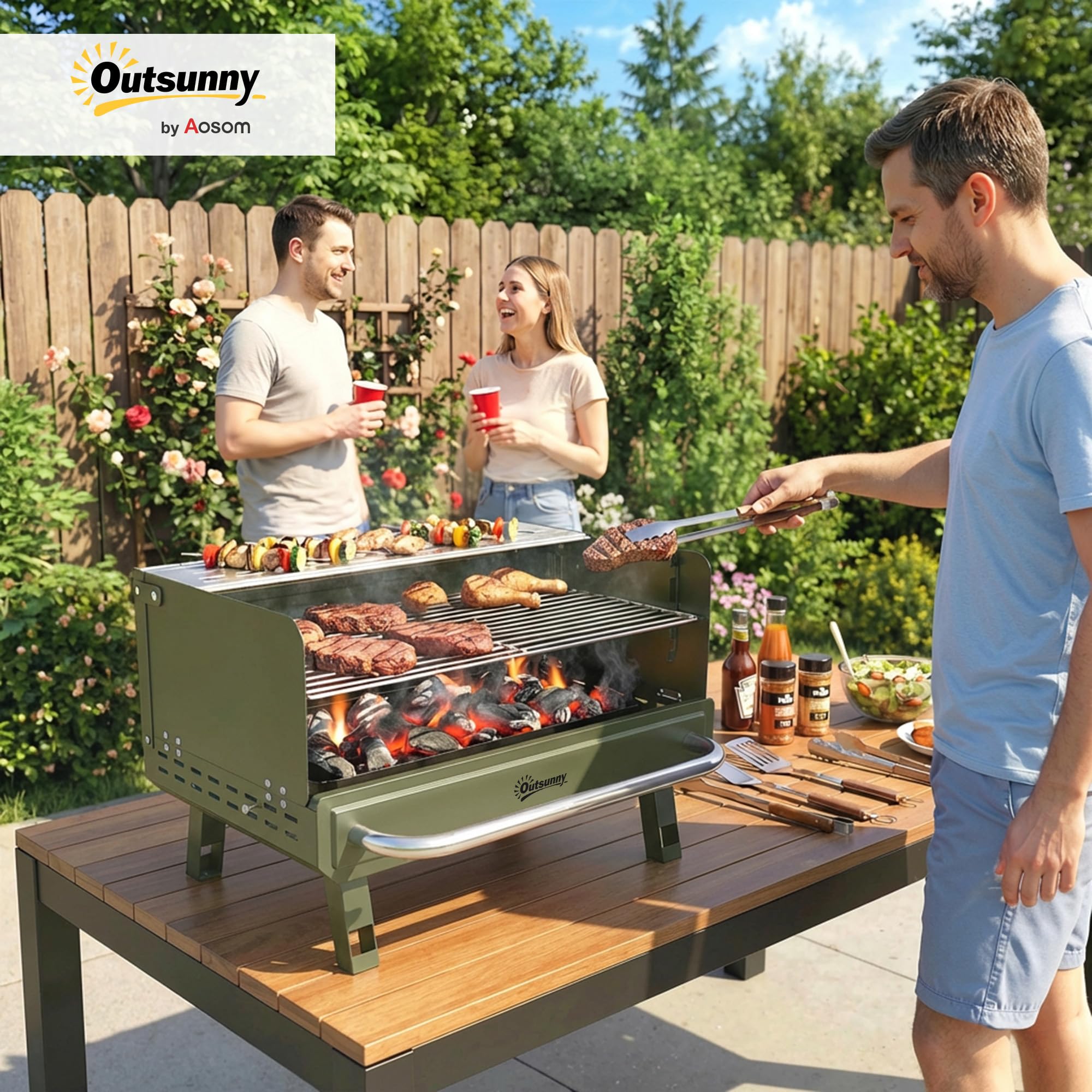 Outsunny Portable BBQ Grill, Charcoal Barbecue Grill with Adjustable Grates, Foldable Legs and Side Shelf for Camping Hiking Picnic Travel Garden Outdoor Cooking, Green - 2