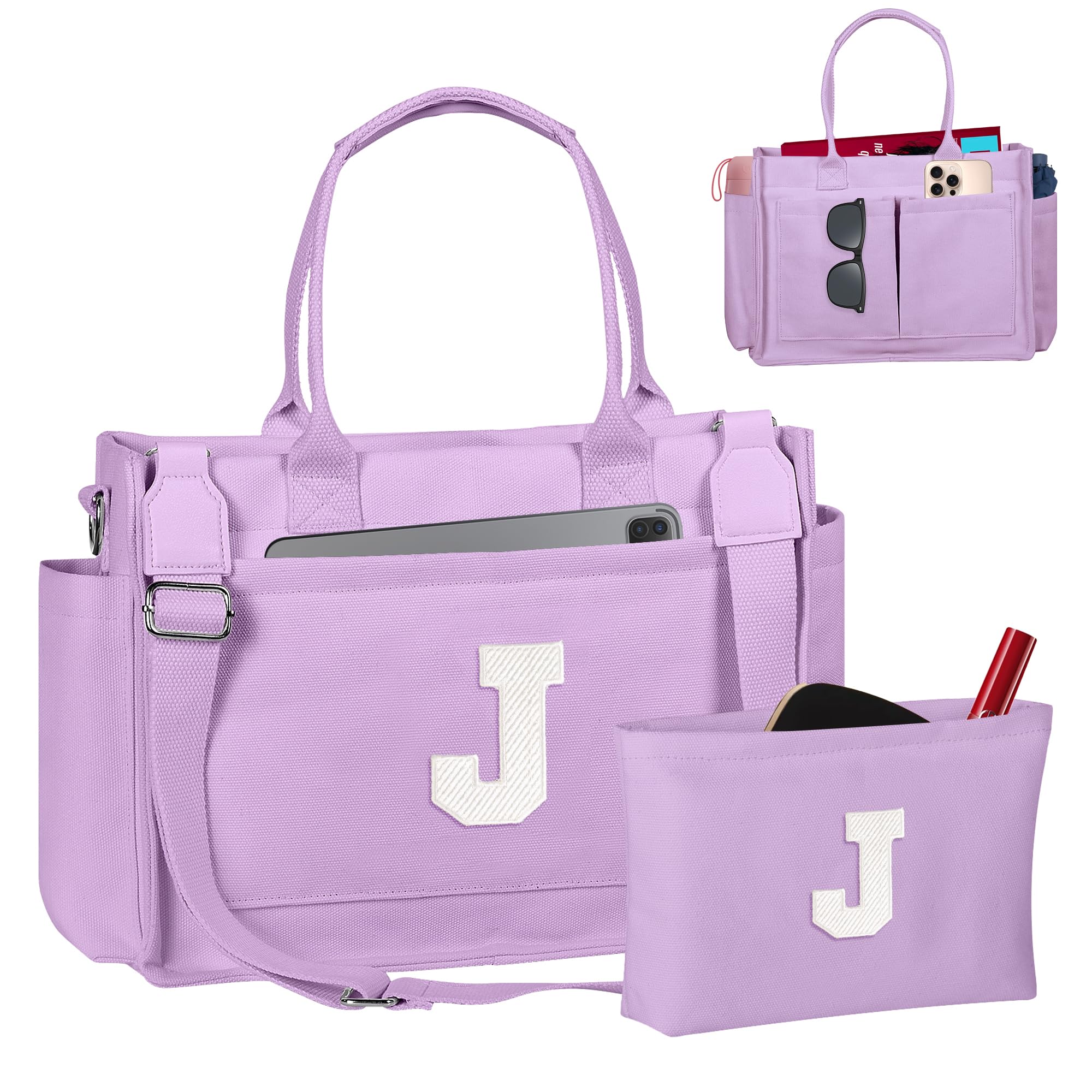 Freesya Valentines Day Gifts for Her, Initial Tote Bag with Makeup Bag, Teen Girl Gifts Trendy Stuff, Birthday Gift for Women