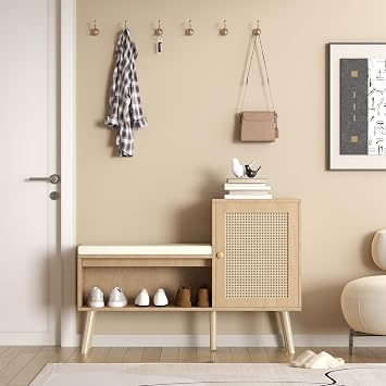 2-in-1 Shoe Storage Bench, Rattan Shoe Cabinet with 2 Adjustable Shelves and Removable Seat Cushion, Modern Entryway Bench, Shoe Storage Organizer, Shoe Rack for Hallway, Bedroom