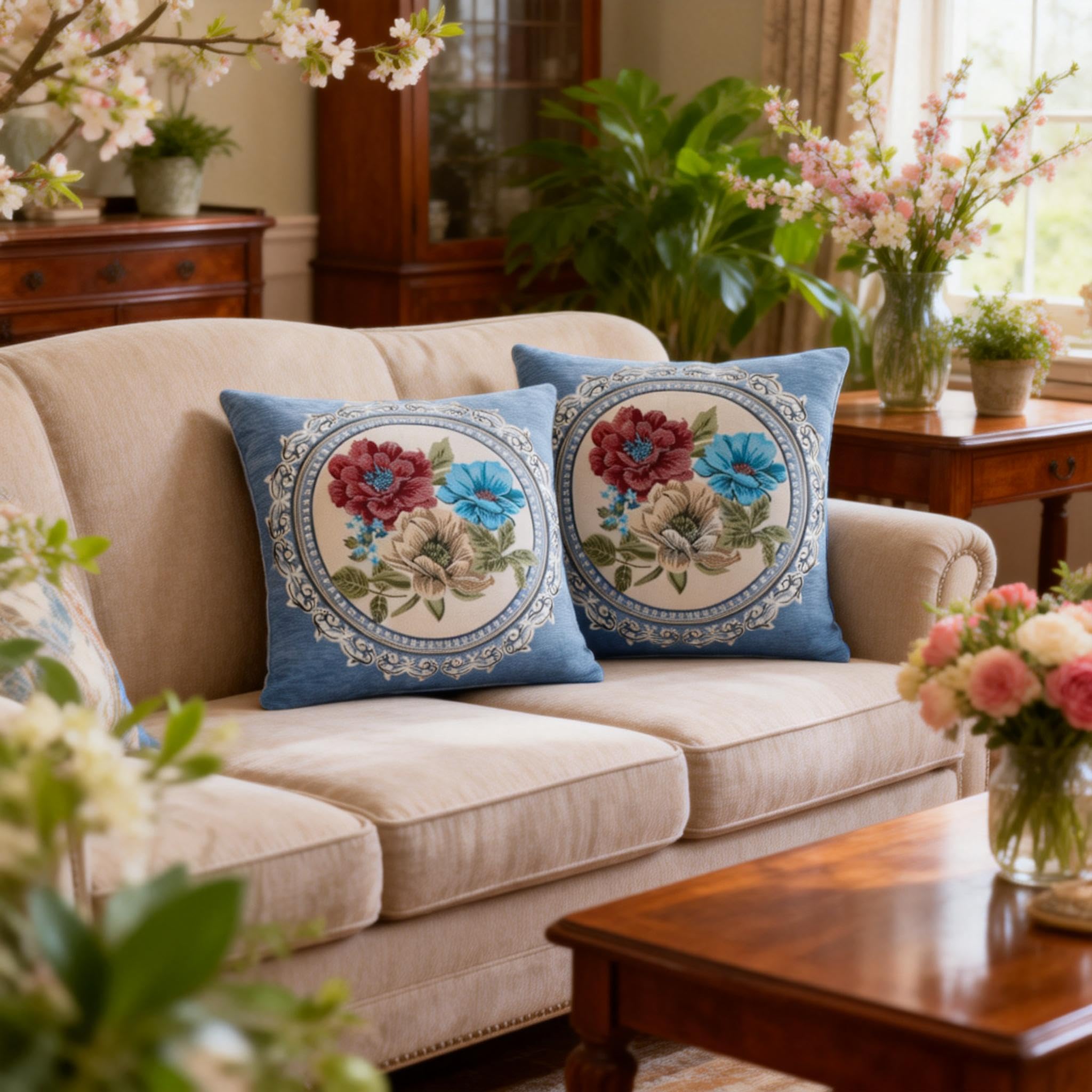 Set di 2 federe per cuscini ricamate vintage, 45,7 x 45,7 cm, per soggiorno, motivo floreale, per divano (blu-1)
