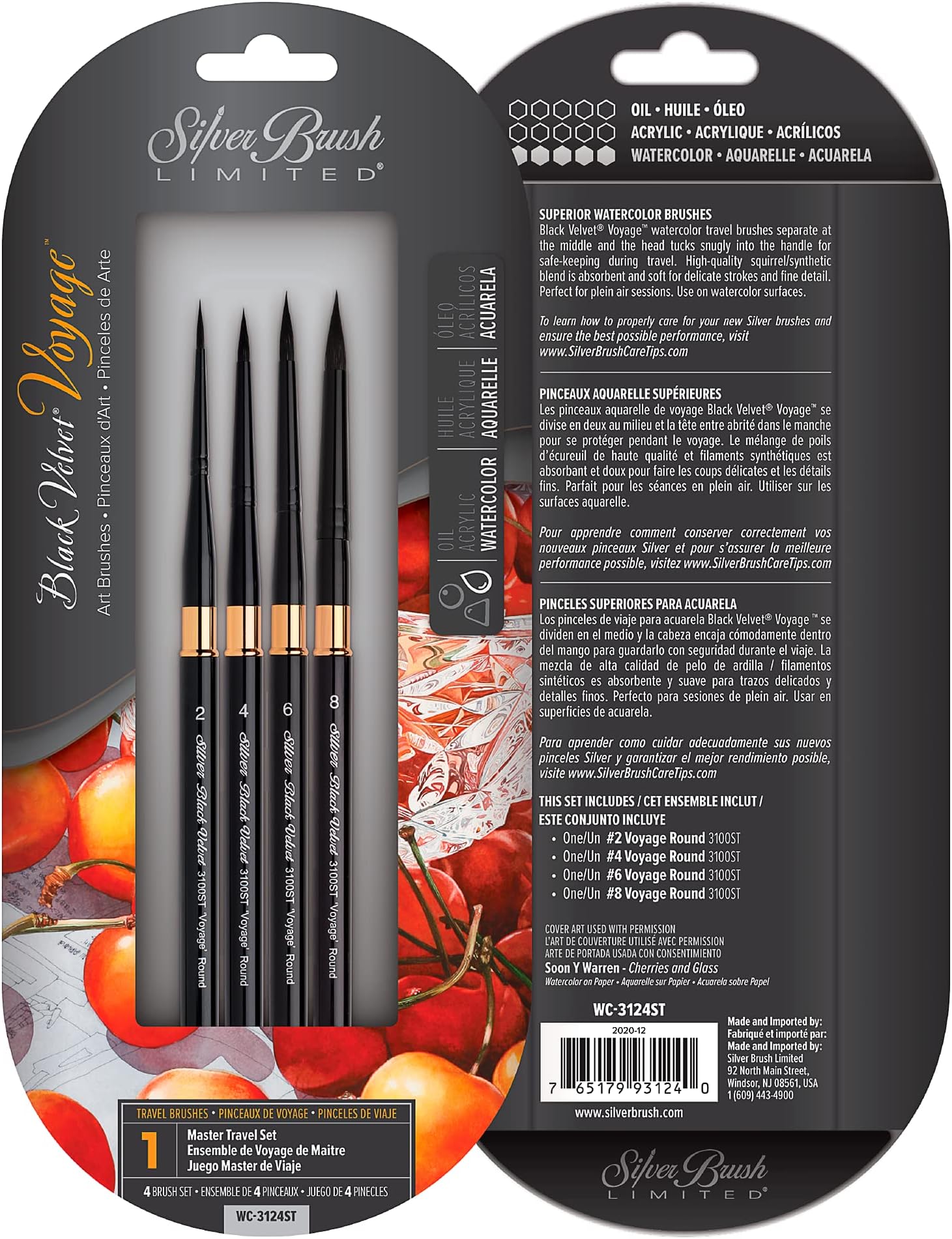 Silver Brush Limited WC-3124ST Black Velvet Voyage Brush Set, Travel Watercolor Brushes, Set of 4 Round Brushes, Sizes 2, 4, 6, and 8