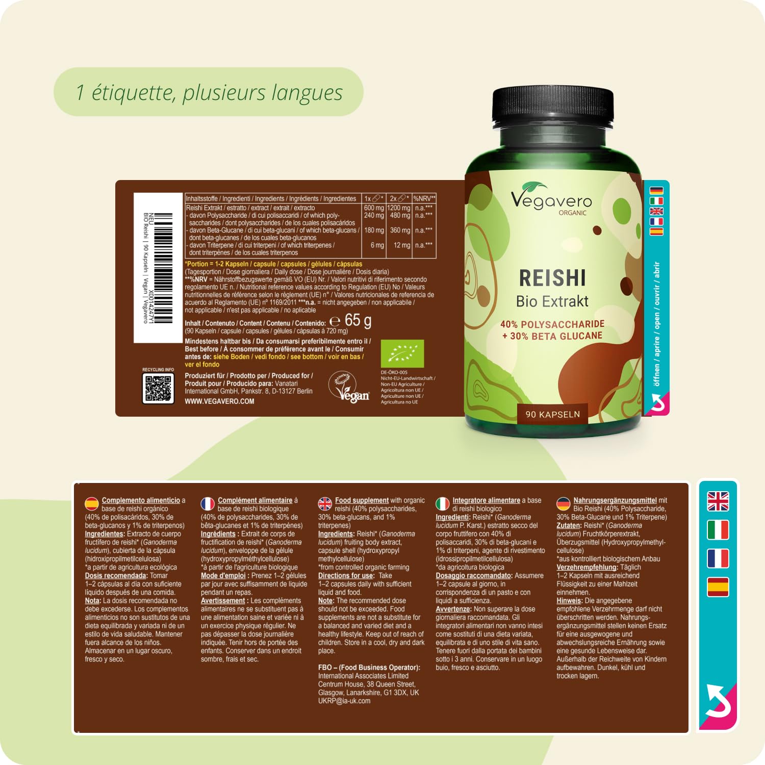 Reishi BIO Vegavero® | 18.000 mg (Extrait 15:1) | 40% Polysaccharides + 30% Bêta-Glucanes | Sans Additifs | VEGAN